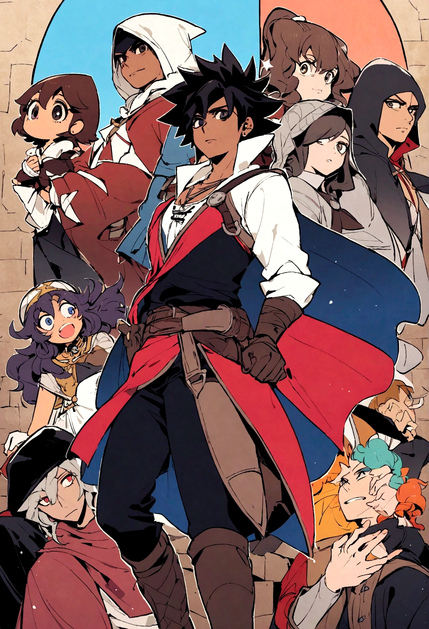 O Jovem carneiro de Capuz, coado sobre os olhos, capuz, luz difusa,Nevoeiro ao fundo,O estilo do jogo Assassin Creed