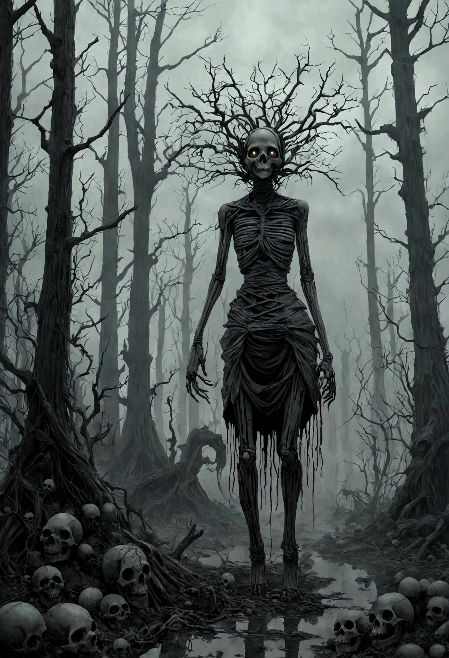 young graphite witch's mummy made of dead plants crawling out foggy Louisiana forest, radioactive atmosphere,steampunk dark horror fantasy, ominous landscapes,large number of stars fly towards the viewer,radioactive world,ruined theme,lots of toxic dust,full body length shot,once pretty face,full body length, eerie atmosphere, ethereal presence, toxic mists, supernatural entities, sinister aura, dark and twisted branches, macabre elements, eerie and ominous lighting,Complicated detail,captivating creation,intricate details,extremely detailed,masterpiece,intricate details,eyes extremely detailed, high detailed eyes,32k resolution, Nikon Z9,like Stone Forest in Yunnan Province of China,Simon Stalenhag,Nicola Samori,Wangechi Mutu, horror movie, cinematic look, creepy aesthetic, ultra detailed, photorealistic, masterpiece, In a Tim Burton,matter plants regaining territory