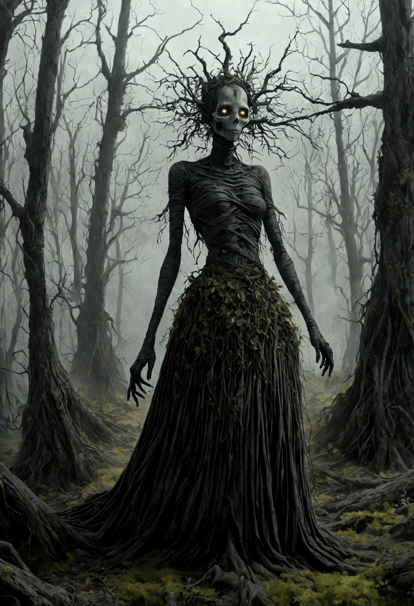 young graphite witch's mummy made of dead plants crawling out foggy Louisiana forest, radioactive atmosphere,steampunk dark horror fantasy, ominous landscapes,large number of stars fly towards the viewer,radioactive world,ruined theme,lots of toxic dust,full body length shot,once pretty face,full body length, eerie atmosphere, ethereal presence,  toxic mists, supernatural entities, sinister aura, dark and twisted branches, macabre elements, eerie and ominous lighting，Complicated detail,captivating creation,intricate details,extremely detailed,masterpiece,intricate details,eyes extremely detailed, high detailed eyes,32k resolution, Nikon Z9,like Stone Forest in Yunnan Province of China,Simon Stalenhag,Nicola Samori,Wangechi Mutu, horror movie, cinematic look, creepy aesthetic, ultra detailed, photorealistic, masterpiece, In a Tim Burton,matter plants regaining territory
