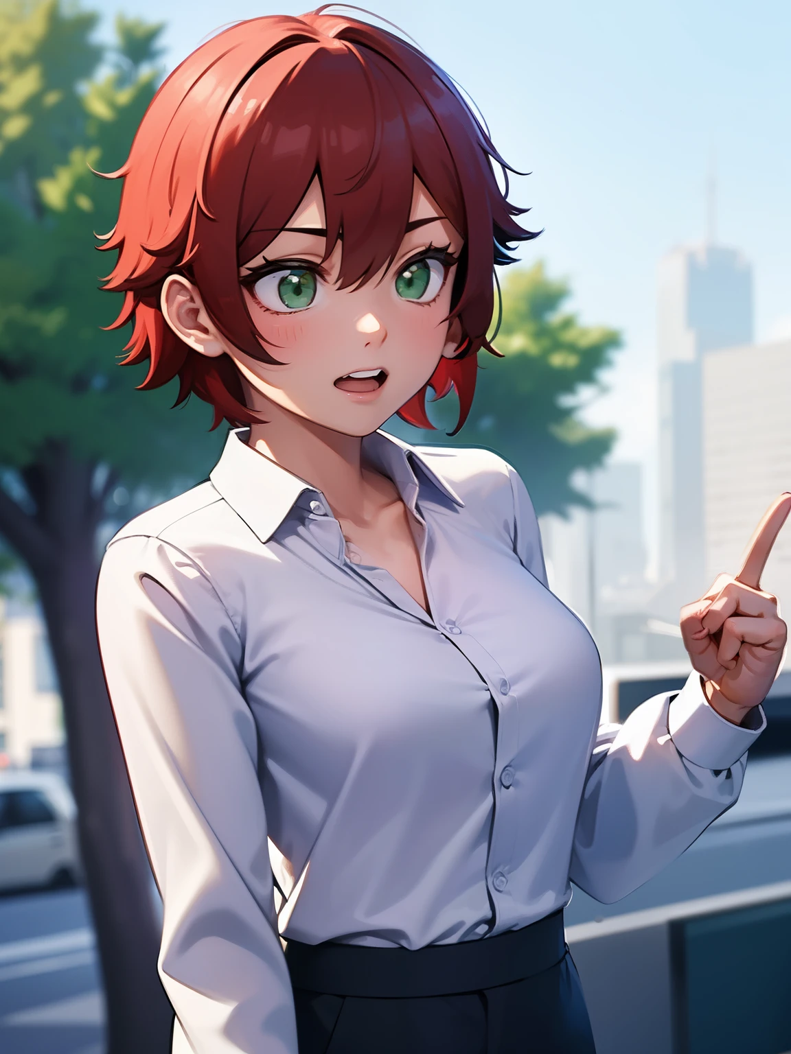 8k, best quality, masterpiece, ultra-detailed,Talking, looking away, facing right, camera angle from the side, photo from the side, looking away,teeth showing,1girl,solo,short hair, green eyes,red hair,white shirt,white shirt,white shirt,,Long-sleeved shirt,black trousers,ultra detail, ultra HD