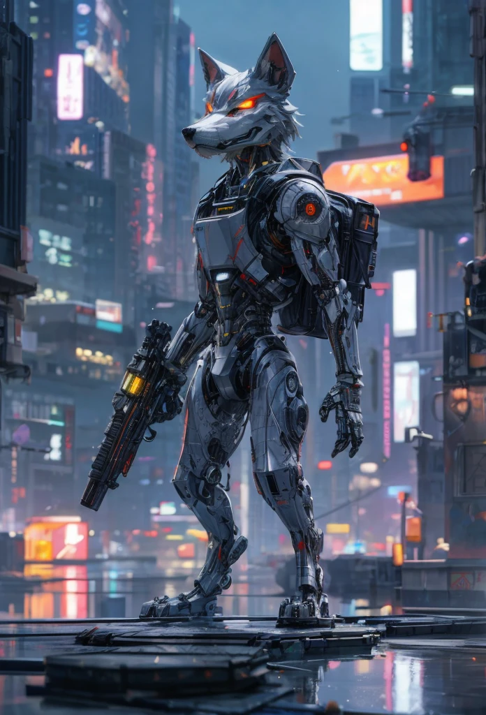 A futuristic anime-inspired 3D render of a robot wolf. The robot has a sleek, metallic exterior with intricate detailing and glowing red eyes. It is standing on its hind legs, with a small backpack and a large, intricately designed gun. The background features a city skyline with floating platforms, holographic advertisements, and a vibrant neon color palette. A sense of urban adventure and futuristic action fills the scene., anime, 3d render