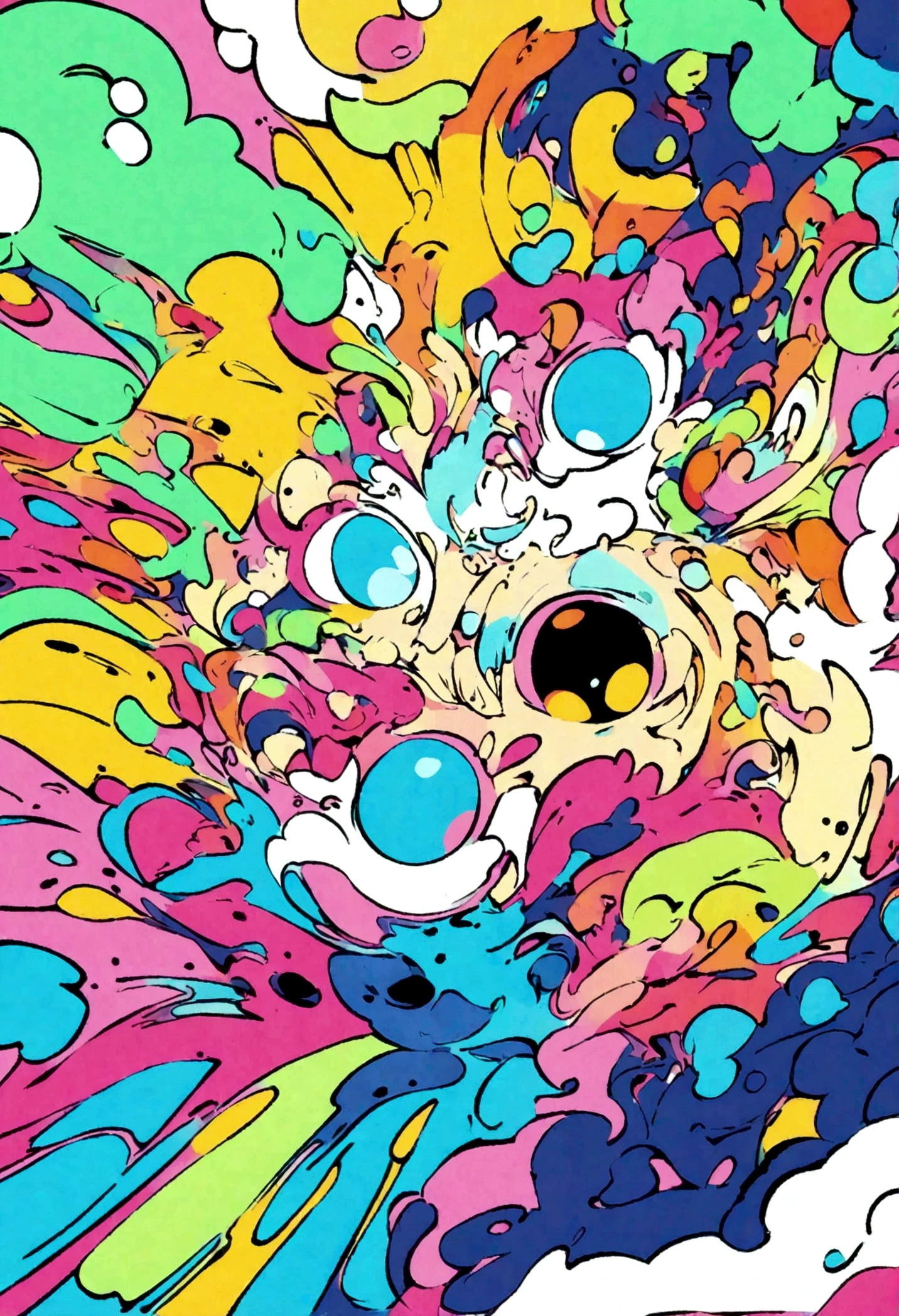 Black and white colors, cartoon style illustration of a cat as she sees the world while experiencing hallucinations, Plated, splash art, splashed black and white colors,) motion effects, best quality, Wallpaper Art, UHD, Centered image, ((flat colors)), (cel-shading style) extremely saturated image (saturation 10) ink lined art, bold lines, T-shirt template. give more life to the image, improve color, more color saturation, colors