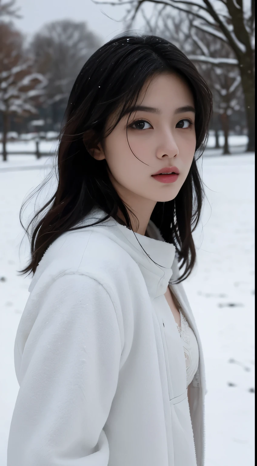 Best quality, masterpiece, ultra high res, (photorealistic:1.5), raw photo, 1girl, in the park, deep shadow, low key, cold light, sexy look, long hair, fabric bra, winter, snow