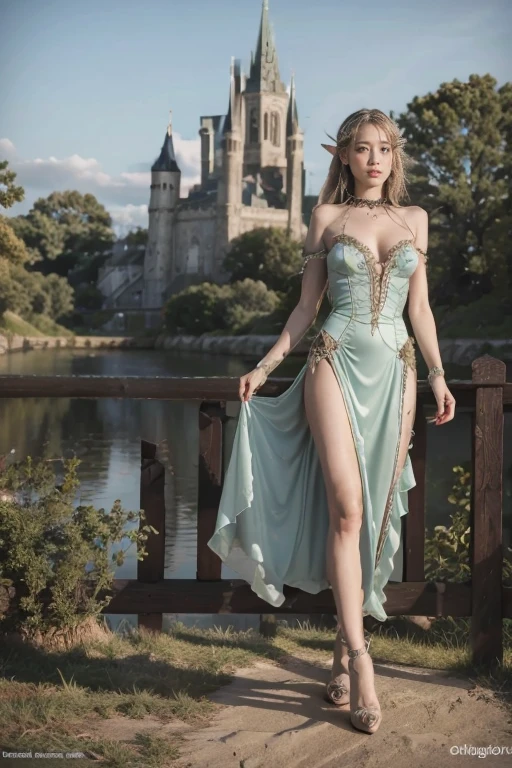 Ultra detailed beautiful elf girl 30 years old,Gorgeous medieval dress,Long legs,High heel,Ultra HD, Chained,4k, 8K, Movie