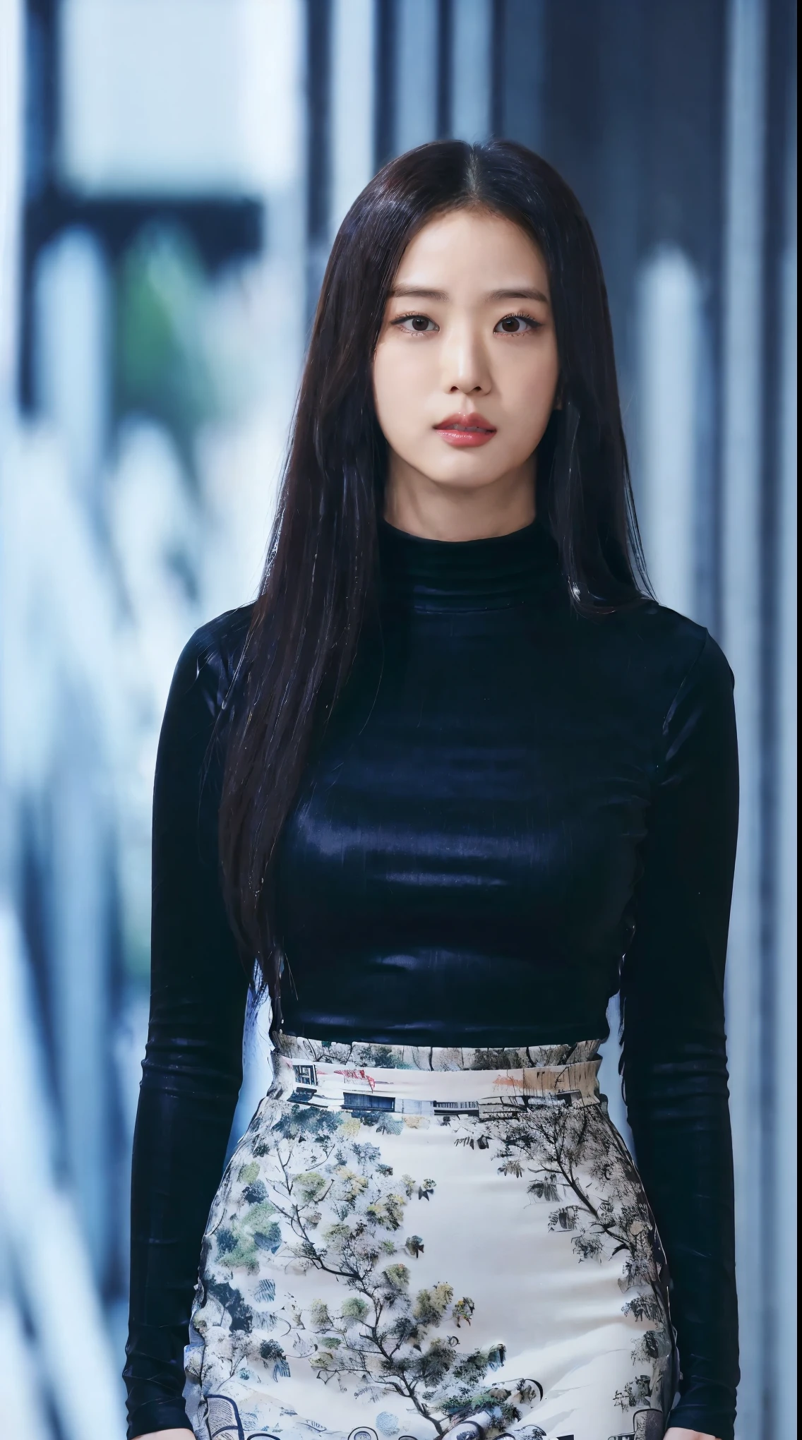 (masutepiece,High quality:1.3),(depth of fields:1.3) ,((front body:1.35)), Japanese ,woman, no makeup,Super detailed hand,standard height, (black Long Sleeve Round neck T-shirt Maxi Tight Dress:1.2), (huge breasts:1.2), thicc, curvy,(Looking at Viewer:1.3),(full body:1.2),Inside the office by the window
