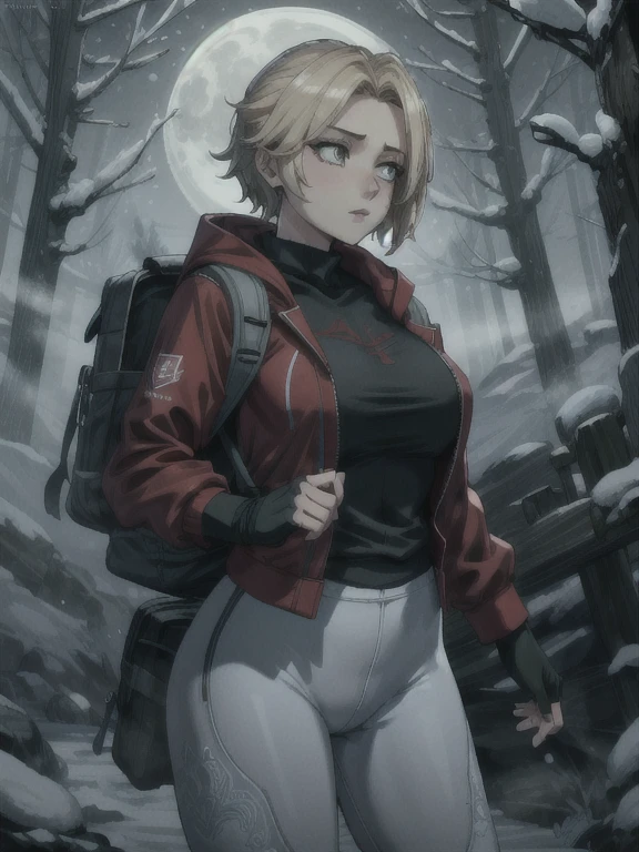 (Detailed face:1.2), (Detailed eyes:1.2), (Perfect figure:1.2), intricate, absurdres, highest-quality, extremely-detailed, masterpiece, 8k UHD, 4k HDR, RAW photograph, film-grain, 1girl, UDSam, solo, short hair, blonde hair, (Wearing: Red jacket, white leggings, fingerless gloves, snow boots and backpack), dark, gloomy dramatic, spooky lighting with lot of fog, foggy and snowing weather snowy, blizzard, in a forest, night time with huge white moon, upper body shot