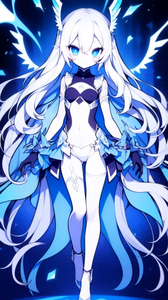 Girl, K HD, 4K, expressionless, anime style, blue eyes, white hair, ((full body)), puzzled eyes, (deformer character) Masterpiece, highest quality, ultra-definition, 4K, ultra-definition illustration, high resolution Beautiful face and eyes , light blue color scheme, lighting, fantasy, solemn atmosphere, long hair, waving hair, smile, fighting posture, dynamic pose, particle light, luminescence, plasma, electric current, blue flame, sense of depth, dynamic angle,angel wing,