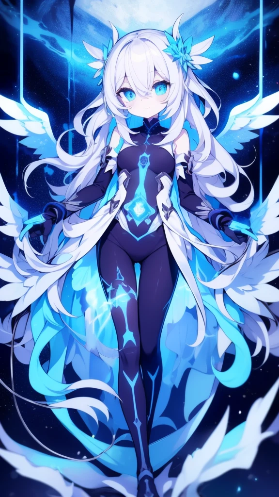 Girl, K HD, 4K, expressionless, anime style, blue eyes, white hair, ((full body)), puzzled eyes, (deformer character) Masterpiece, highest quality, ultra-definition, 4K, ultra-definition illustration, high resolution Beautiful face and eyes , light blue color scheme, lighting, fantasy, solemn atmosphere, long hair, waving hair, smile, fighting posture, dynamic pose, particle light, luminescence, plasma, electric current, blue flame, sense of depth, dynamic angle,angel wing,