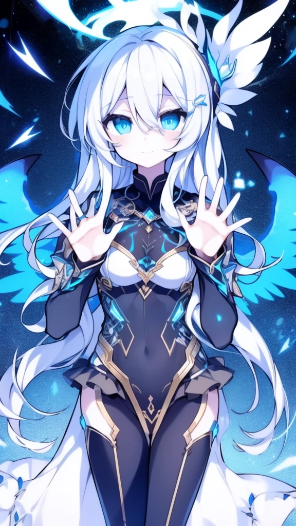 Girl, K HD, 4K, expressionless, anime style, blue eyes, white hair, ((full body)), puzzled eyes, (deformer character) Masterpiece, highest quality, ultra-definition, 4K, ultra-definition illustration, high resolution Beautiful face and eyes , light blue color scheme, lighting, fantasy, solemn atmosphere, long hair, waving hair, smile, fighting posture, dynamic pose, particle light, luminescence, plasma, electric current, blue flame, sense of depth, dynamic angle,angel wing,