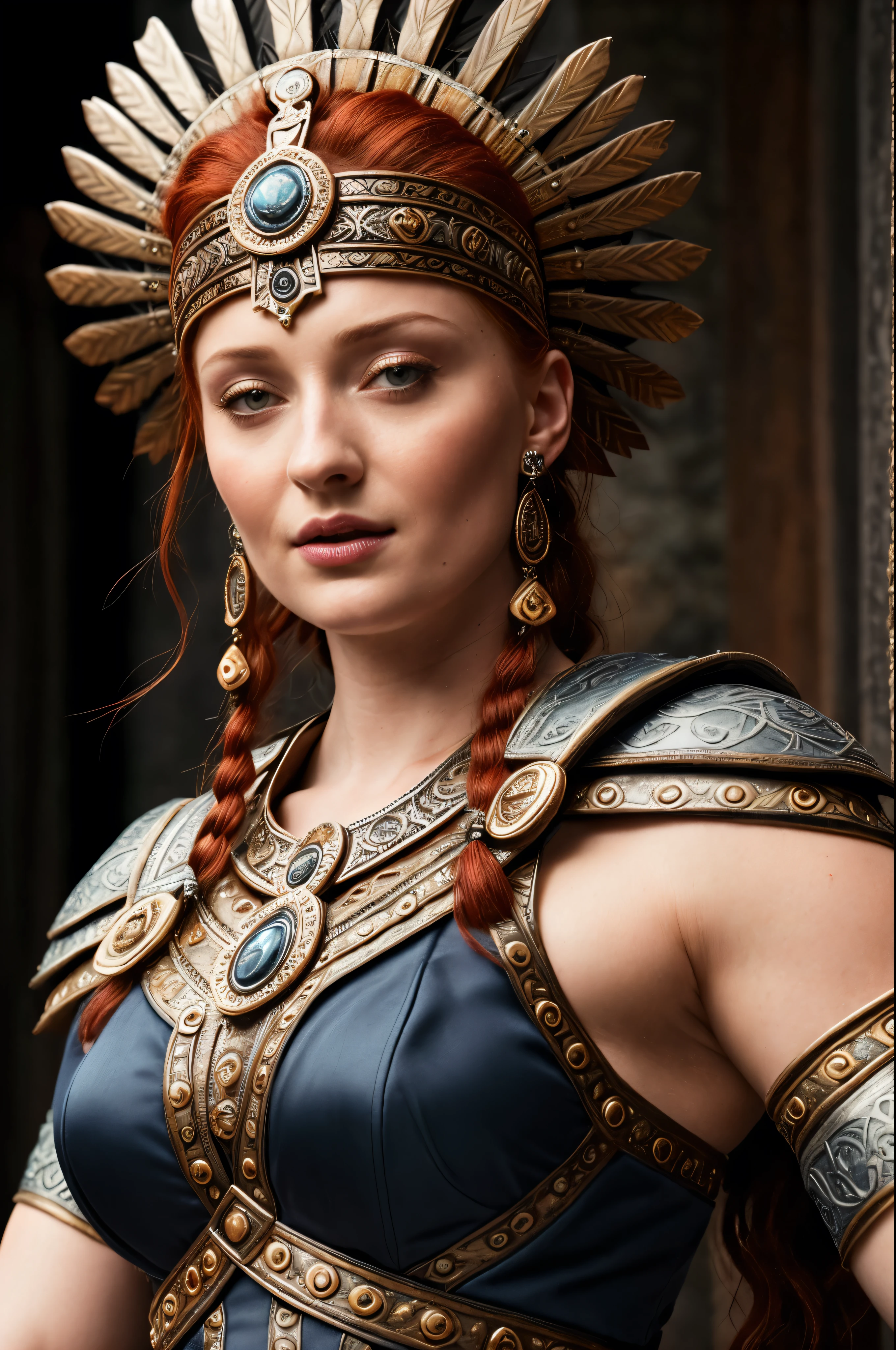 Face of Sophie Turner, Sansa Stark played by Sophie Turner, the de facto Lady of the Eyrie, is a 40-year-old mature queen with a stunning, alluring appearance. Full Face, Full figured woman, pierced eyes, reddish lips, upper body shot, erotic Mediaeval costumes, game of thrones costumes, She wears a Game of Thrones-inspired costume and has a deep cleavage, a perfect thick body, and a perfect thick figure. The photograph captures her in a close-up, with her skin texture and facial features being ultra-realistic and realistic. Juicy thick figure, high quality skin, Skin pores, amazing details, snow, snow flakes, semi realistic, extremely detailed eyes, dark moody orange and black settings, cool environment, artificial intelligence