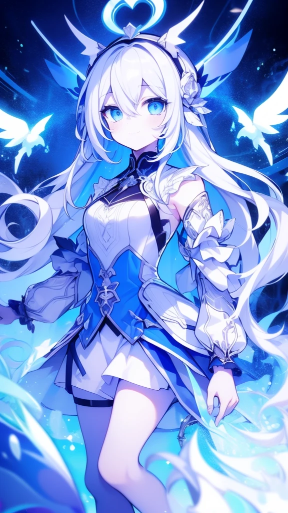 Girl, K HD, 4K, expressionless, anime style, blue eyes, white hair, ((full body)), puzzled eyes, (deformer character) Masterpiece, highest quality, ultra-definition, 4K, ultra-definition illustration, high resolution Beautiful face and eyes , light blue color scheme, lighting, fantasy, solemn atmosphere, long hair, waving hair, smile, fighting posture, dynamic pose, particle light, luminescence, plasma, electric current, blue flame, sense of depth, dynamic angle,angel wing,