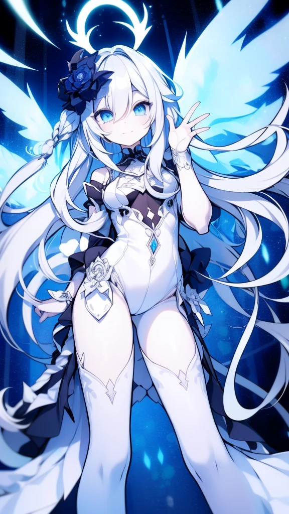 Girl, K HD, 4K, expressionless, anime style, blue eyes, white hair, ((full body)), puzzled eyes, (deformer character) Masterpiece, highest quality, ultra-definition, 4K, ultra-definition illustration, high resolution Beautiful face and eyes , light blue color scheme, lighting, fantasy, solemn atmosphere, long hair, waving hair, smile, fighting posture, dynamic pose, particle light, luminescence, plasma, electric current, blue flame, sense of depth, dynamic angle,angel wing,
