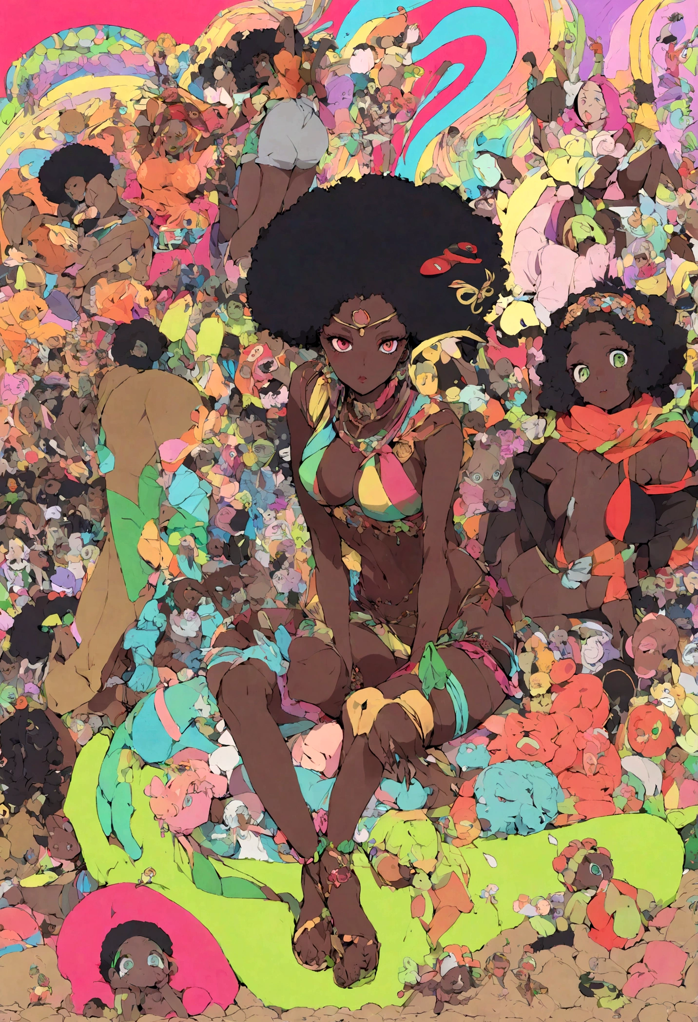 Adult women with very dark skin, cheveux afro, Files d'attente afro cochon, yeux jaunes, africain, nue, nombril , very clammy skin, CASSER, sur le sable, Les jambes écartées