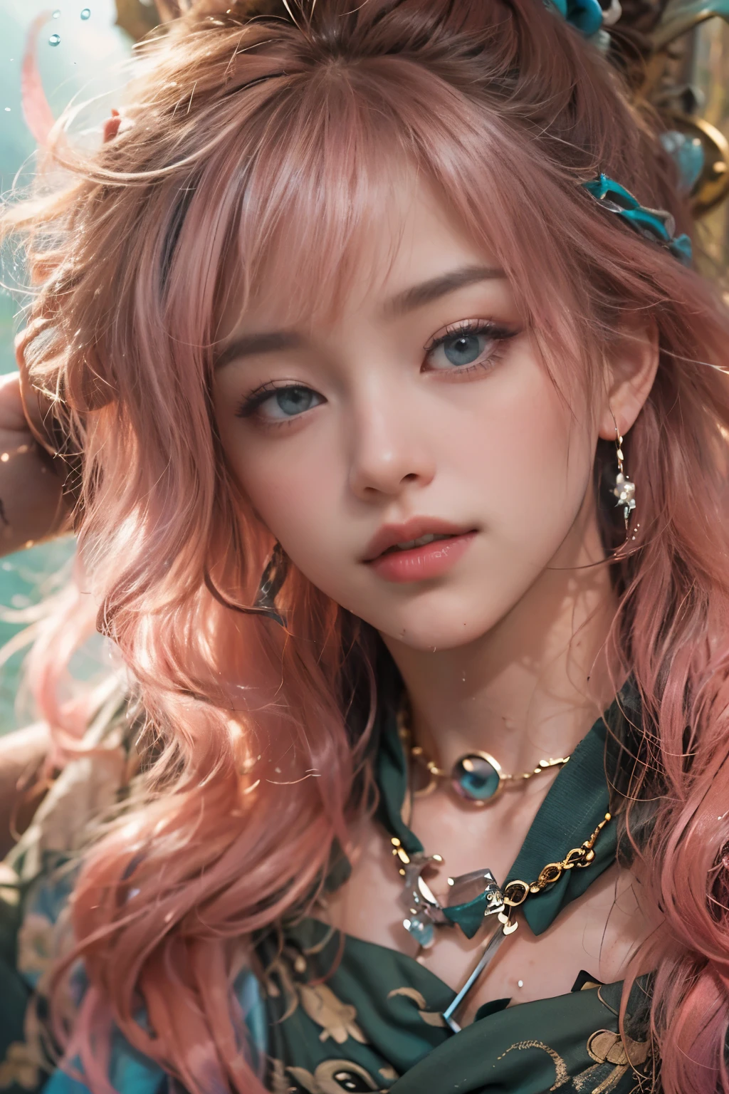 25yo woman， （masterpiece： 1.4）， （8K， reality， original photo， best quality： 1.4）， (1 girl）， beautiful face， （Real faces： 1.4）， （pink hair， messy hair： 1.3）， hairstyle， Realistic grey eyes， beautiful details eyes， （reality skin： 1.3）， beautiful skin， Attractive， ultra high resolution， Super realistic， HD， golden ratio， （Detailed face： 1.4）， （Japanese actor： estuary），pink messy hair NSFW，big，big ass emphasis，The nipple areola is clearly shaped，looking into camera，(sitting on a throne of pirate treasure)，pubic shape is transparent and clear，posture（Bend your knees and legs open）,nude, show  ass and pussy,  (full lips), (almond eyes), intricate detail face, ((Ultra detailed skin)) mixed race young woman ,(dark tanned skin), (Big eyes), (auburn hair),  BREAK wearing an extravagant pearl necklace, chains of pearl earrings BREAK body:  ((dark labia)) (wet pink vulva) (wearing a teal kimono pulled aside), open kimono, ((underwater)) forest of kelp, dark background (wearing a teal kimono pulled aside), open kimono, wrapped silk hips, ecstasy, ecstatic expression, eyes closed, mouth open