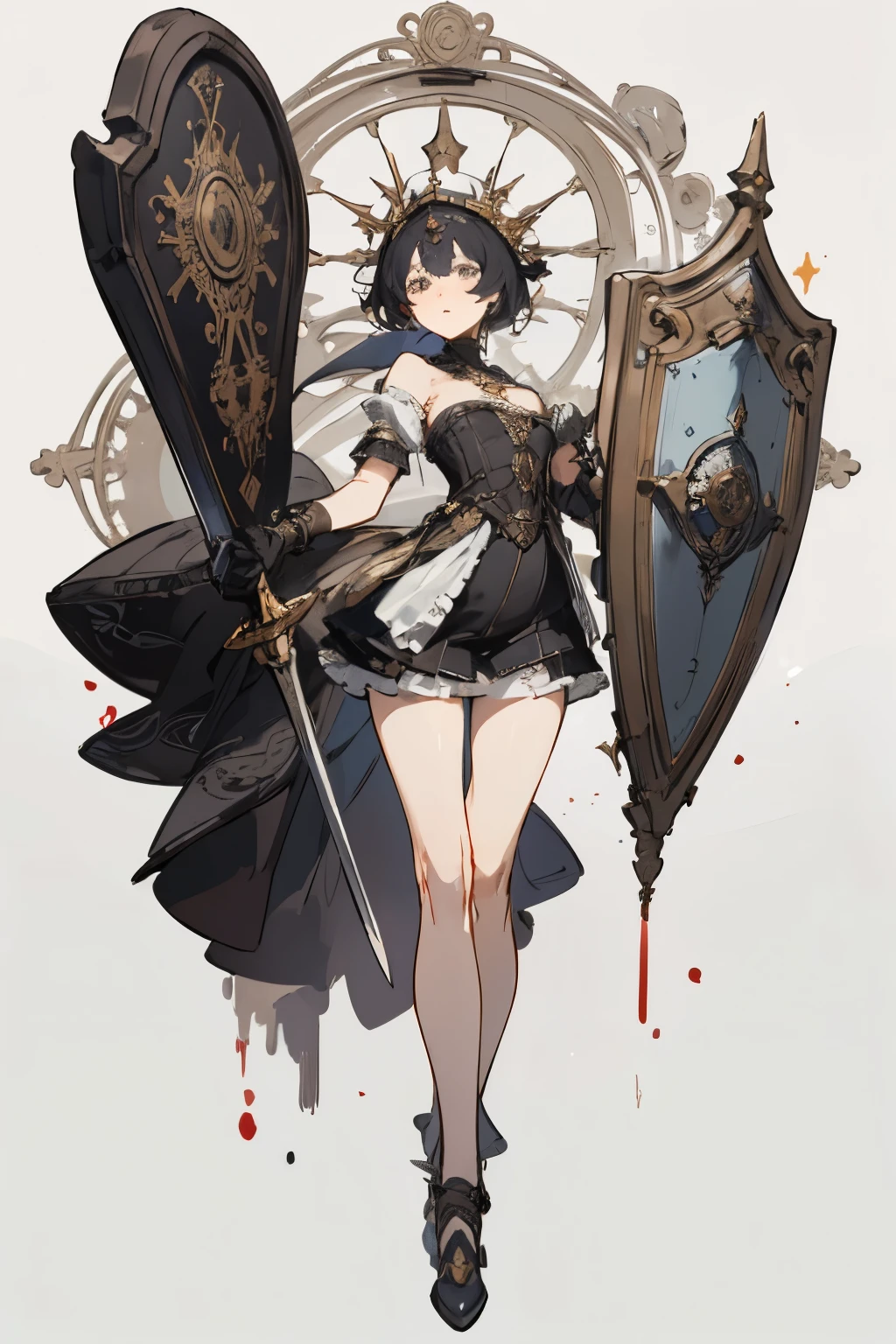 ((best quality)), ((masterpiece)), (detailed), perfect face ((best quality)), ((masterpiece)), (detailed), blank white background, plain background, white background, Bloodborne inspired,  occult aesthetic, occult, detailed and intricate steampunk and detailed gothic, (zentangle, mandala, tangle, entangle),  NSFW, Very dramatic and cinematic lighting, cosmic horror, grim-dark, side-lighting, perfect face, a beautiful goddess adorned and enshrined in armour, Fluttering lace flared short dress with frilly petticoats,  Bloodborne inspired , occult aesthetic , occult , detailed and intricate steampunk and detailed gothic , wielding a sword and holding a shield, NSFW, beautiful small breasts, small breasts, full body, whole body, body, plain background, white background, blank background, no background, white background NSFW, full body, whole body, head-to-toe