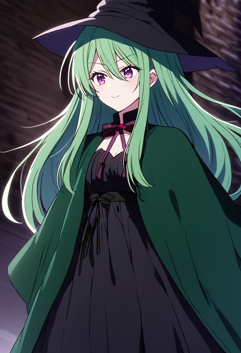a close up of a person wearing a hat and dress, flirty anime witch casting magic, gothic maiden anime girl, anime girl with long hair, fashionable dark witch, in a cloak with long hairs, anime girl wearing a black dress, dark witch character, witch academia, with a green cloak, witch girl, classical witch, green hair, haloween, backgraund night alley