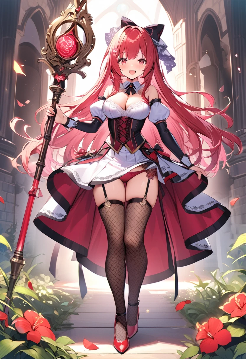 (masutepiece, Best Quality), 1girl, solo, breasts, thighhighs, long-hair, large-breasts, cleavage, red-hair, garter-straps, fishnet-thighhighs, fishnets, flower, full-body, object-namesake, skirt, smile, standing, red-footwear, bow, panties, looking-at-viewer, underwear, frills, staff, detached-sleeves, red-eyes, hair-bow, blush, hair-ornament, holding, high-heels, white-skirt, black-bow, shoes, corset, hair-flower, open-mouth, holding-staff, weapon, detached-collar, pantyshot, short-sleeves, ribbon, puffy-sleeves, pink-panties, holding-weapon
