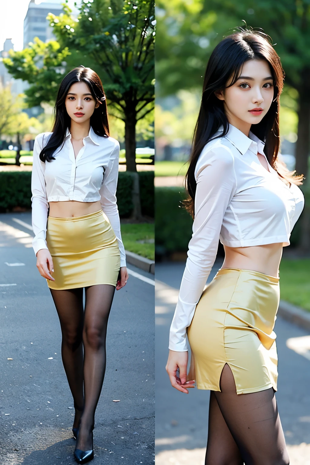 (masterpiece:1.3), (8 thousand, realistic, RAW photos, best quality: 1.4), (1 woman), (whole body), (standing posture),(model-like pose), (two legs, I can see both feet), (very sexy), (Beautiful makeover), (Exceptionally beautiful face), (incredibly beautiful body) (beautiful face), (beautiful face), (long eyelashes), (double eyelid), (big bust) , (Strong body through exercise), (Beautiful heaps), (perfect abs), (realistic face), (black hair, long hair:1.3), Beautiful divided style, realistic eyes, (really beautiful and delicate eyes), (realistic skin), (beautiful skin), (shirt), (short skirt), (walk in the park), (absurd), (attractive), ultra high resolution, extremely realistic, very detailed, golden ratio, naked, (pantyhose), (she'she'she'she'she'she'she'she'she'she'she'she'she'she'she'She's really pretty and her legs are long), (high heel), (necklace), (earring),(beautiful nails manicure), (So beautiful and sexy))