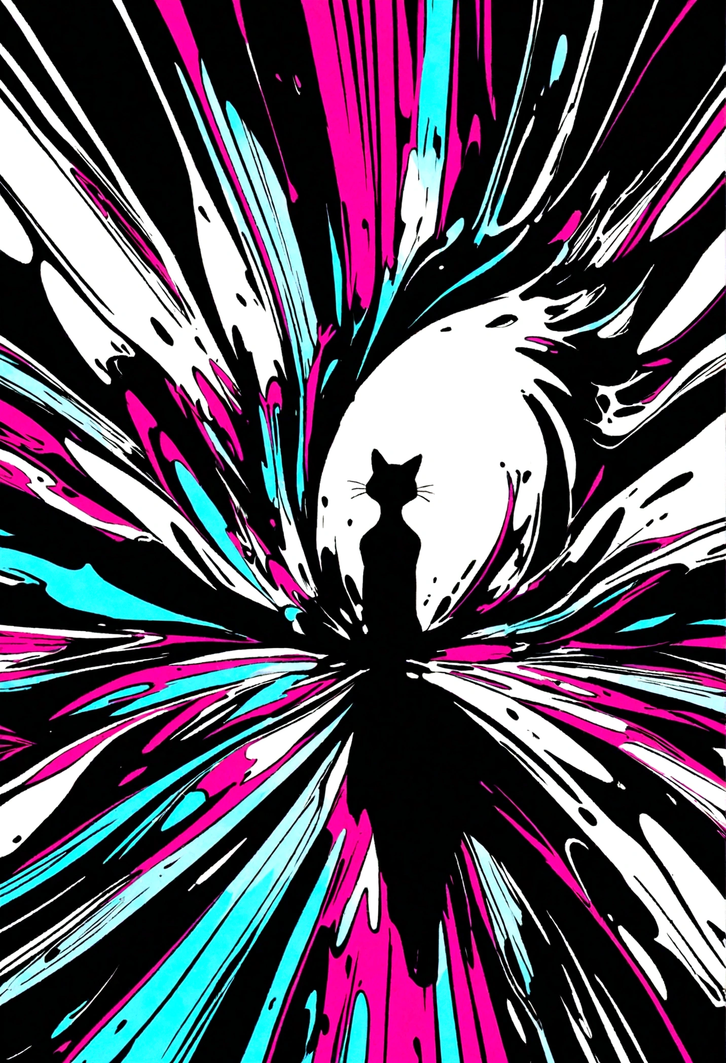Black and white colors, cartoon style illustration of a cat as he sees the world while experiencing hallucinations, Plated, splash art, splashed black and white colors,) motion effects, best quality, Wallpaper art, UHD, Centered image, ((flat colors)), (cel-shading style) extremely saturated image (saturation 10) ink lined art, bold lines, T-shirt template.