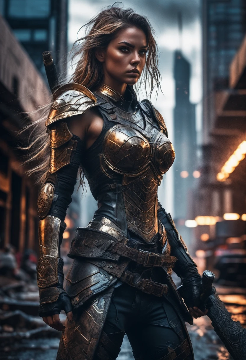 Female Warrior, Dystopian cityscape with a female warrior, intricate details, HDR, beautifully shot, hyperrealistic, sharp focus, megapixels, perfect composition, high contrast, cinematic, atmospheric, moody