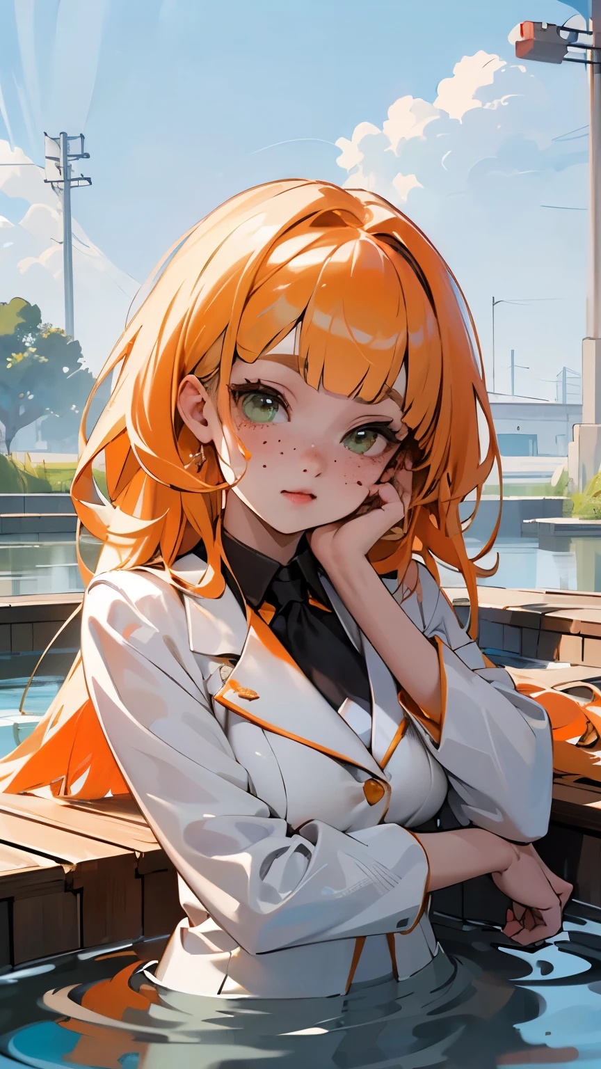 ((mejor calidad)), ((obra maestra)), (detallado), 1 chica, white woman, big, bright green eyes, freckles on her face, long straight orange hair with red gradient downwards, orange bangs on her forehead, in a pond of water in the middle of nature in a suit bathroom, cute anime animation style