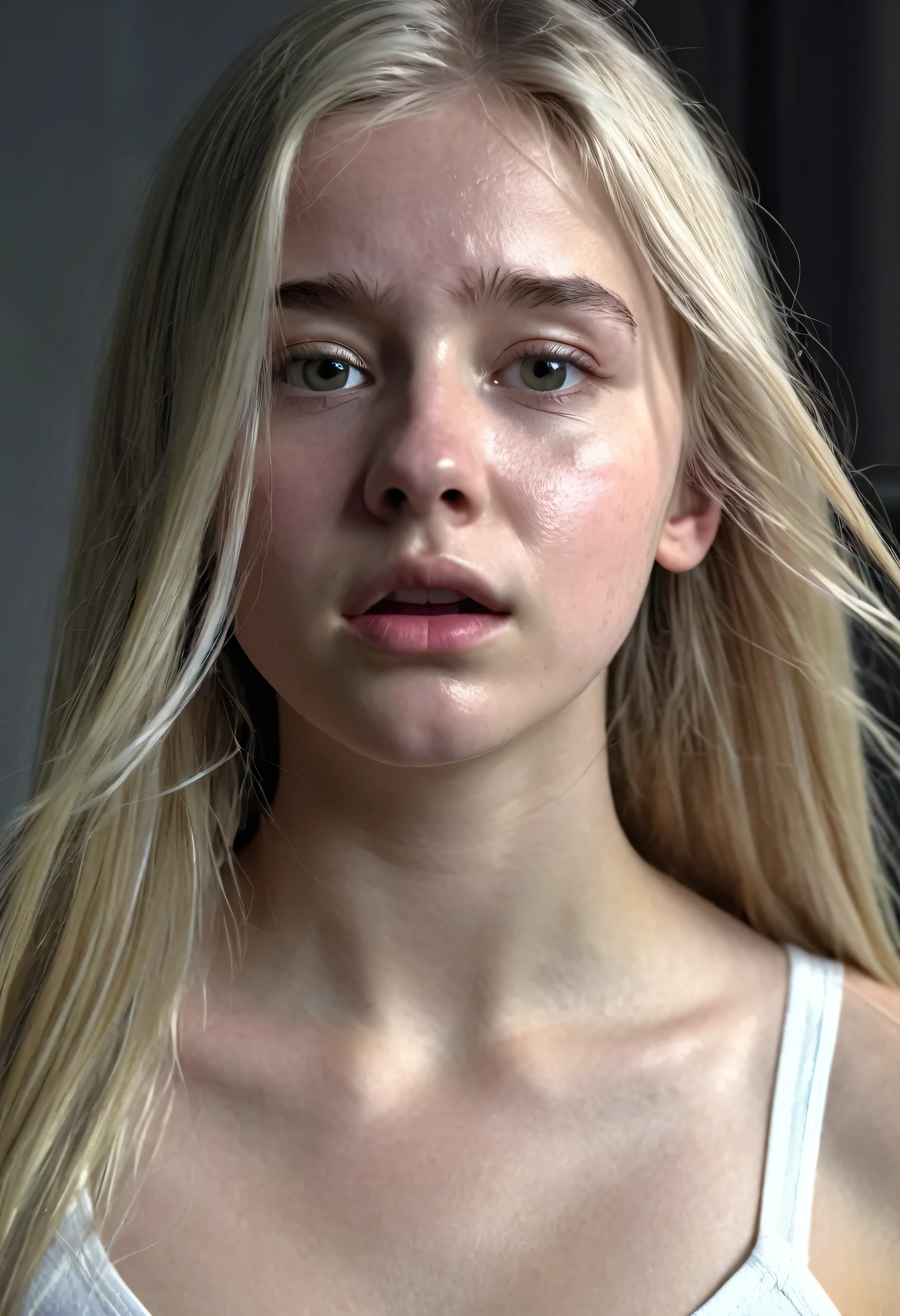 A beautiful young british girl, , long blonde hair, white radiant skin, feeling anxious, insecure with herself, undress, feeling anxiety, sad, terrified, gloomy expression, dramatic lighting, Ultra high res, uhd, (photorealistic:1.4), cinematic light, chest view, sweaty