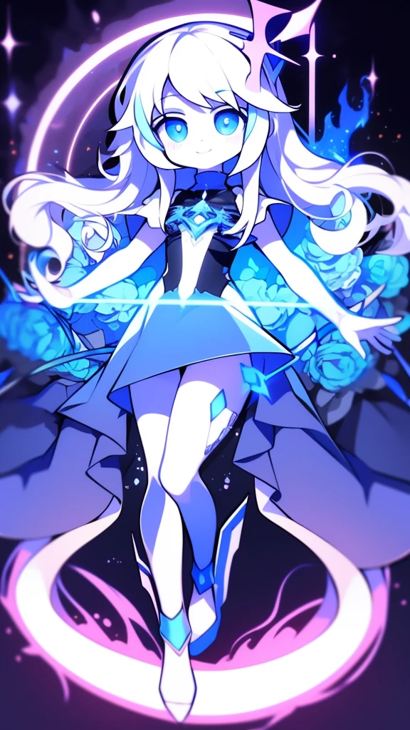Girl, K HD, 4K, expressionless, anime style, blue eyes, white hair, ((full body)), puzzled eyes, (deformer character) Masterpiece, highest quality, ultra-definition, 4K, ultra-definition illustration, high resolution Beautiful face and eyes , light blue color scheme, lighting, fantasy, solemn atmosphere, long hair, waving hair, smile, fighting posture, dynamic pose, particle light, luminescence, plasma, electric current, blue flame, sense of depth, dynamic angle,