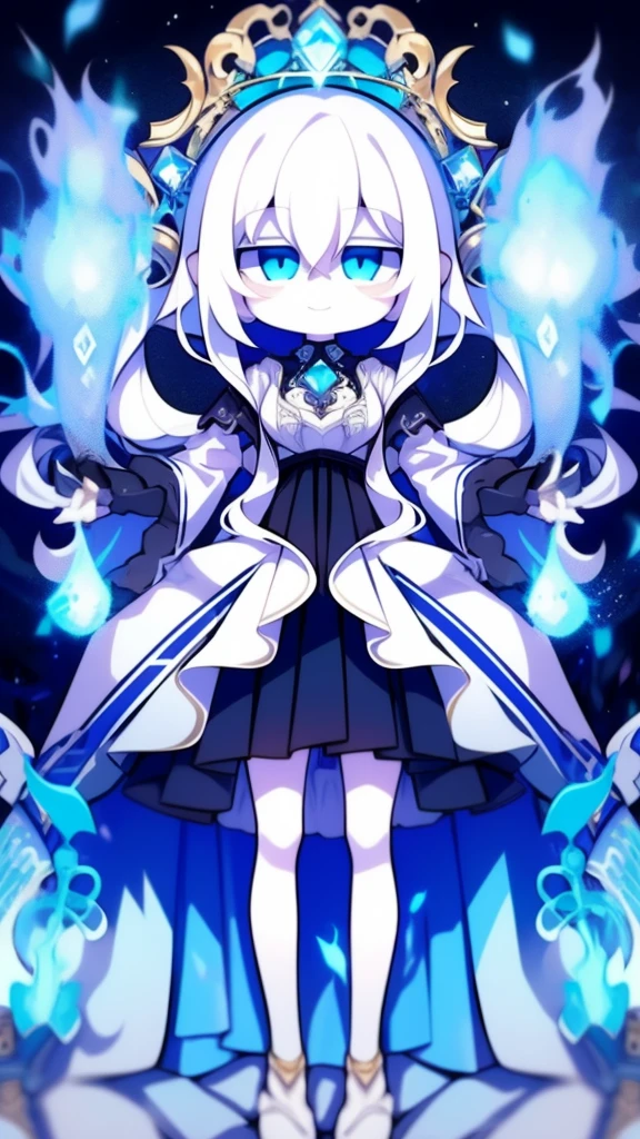 Girl, K HD, 4K, expressionless, anime style, blue eyes, white hair, ((full body)), puzzled eyes, (deformer character) Masterpiece, highest quality, ultra-definition, 4K, ultra-definition illustration, high resolution Beautiful face and eyes , light blue color scheme, lighting, fantasy, solemn atmosphere, long hair, waving hair, smile, fighting posture, dynamic pose, particle light, luminescence, plasma, electric current, blue flame, sense of depth, dynamic angle,