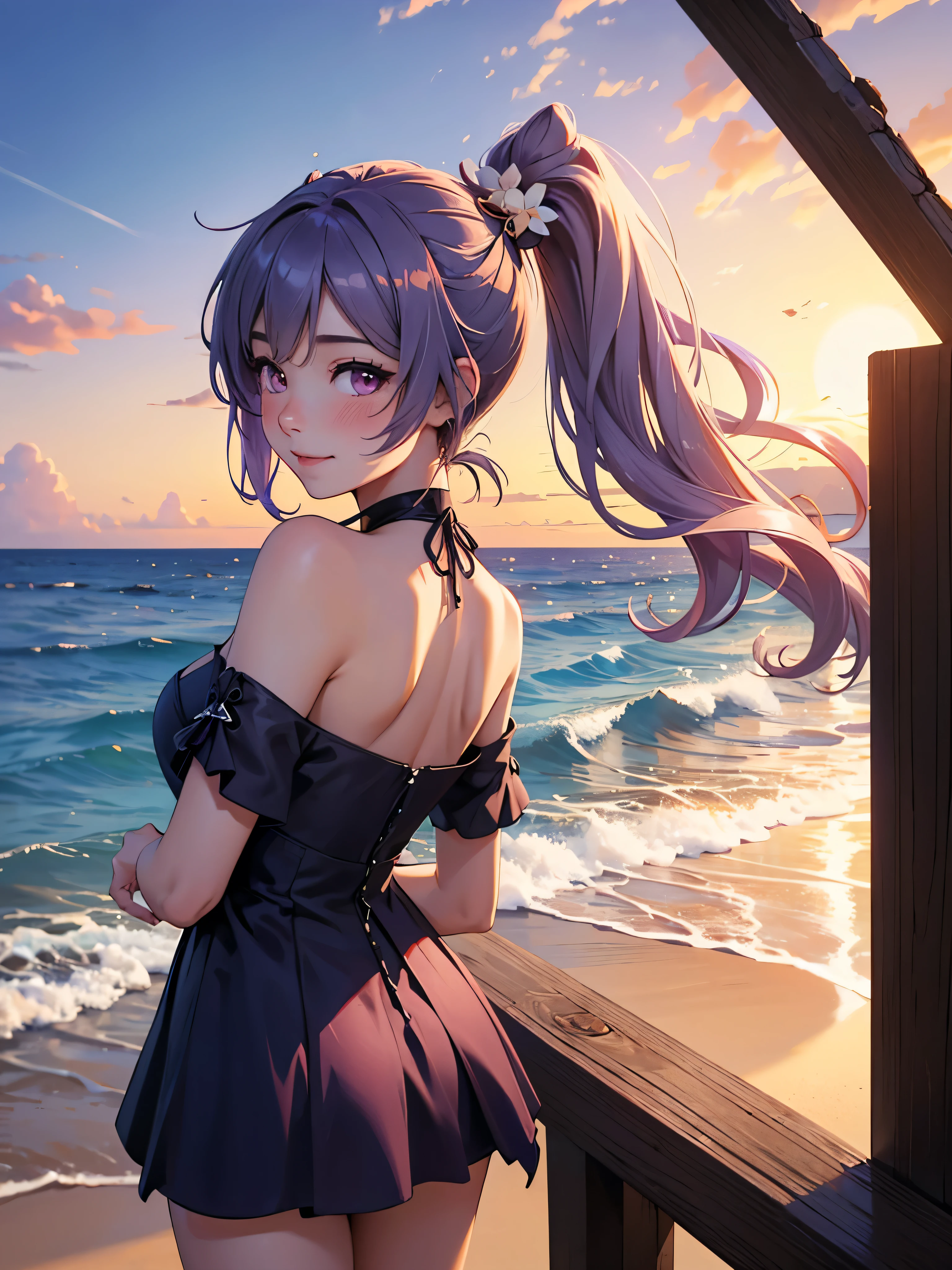 Genshing impact, ((keqing)), summer, beach, Sundress, Wind blowing, hairs flowing, straw hat, smiling, blush, sunset, ocean waves, purple ocean, realistic, 4k, extremely detailed eyes, back view, looking at viewer , shoulder, visible back, back cutout, off shoulder dress