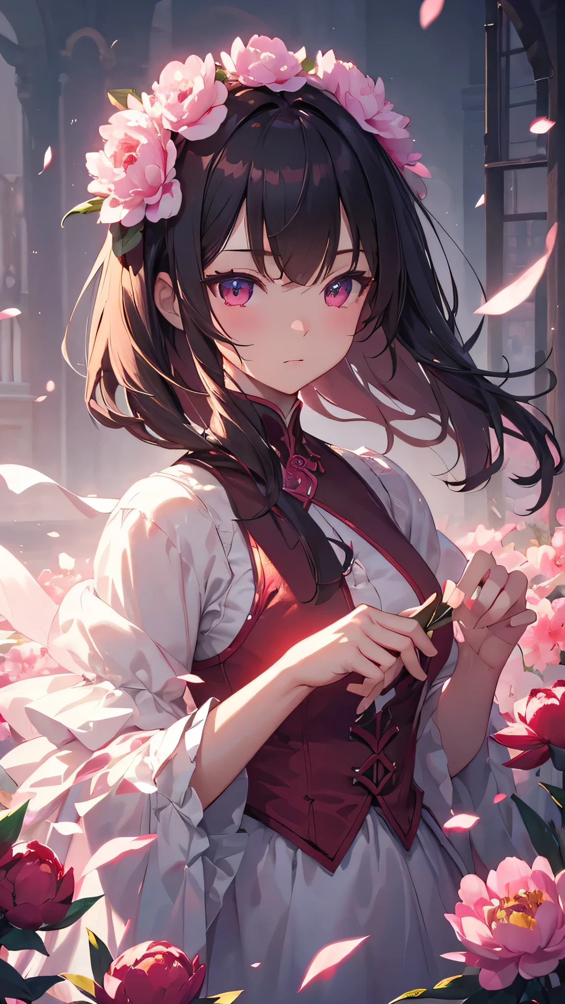 Peony-themed artwork, ((highest quality)), High resolution, 8k, Cinematic Light, High Contrast, Written boundary depth、Approachable、Warm、sharp、beautiful, Strong brilliance, Detailed Background, One Girl, cute, fine grain, Shining Eyes, Detailed Iris、
