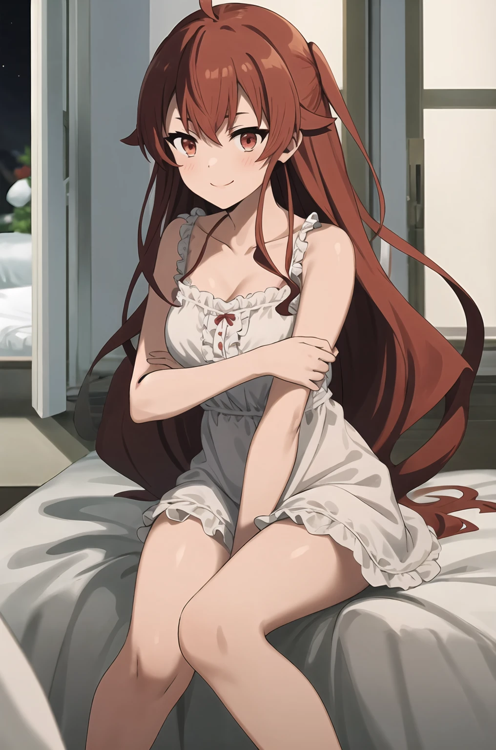 best quality, (masterpiece:1.2), detailed,
1 Girl, Solitary, Shut up, Smile, Slight redness,
long hair, Red hair, Ahog, Red Eyes,
nightgown, Ruffles, Bare shoulders, clavicle, Sleeveless Sitting, on the bed, Looking at the audience,
indoors, window, night