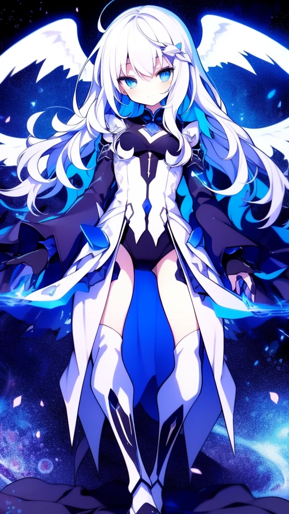 Girl, K HD, 4K, expressionless, anime style, blue eyes, white hair, ((full body)), puzzled eyes, (deformer character) Masterpiece, highest quality, ultra-definition, 4K, ultra-definition illustration, high resolution Beautiful face and eyes , light blue color scheme, lighting, fantasy, solemn atmosphere, long hair, waving hair, smile, fighting posture, dynamic pose, particle light, luminescence, plasma, electric current, blue flame, sense of depth, dynamic angle,angel wing,