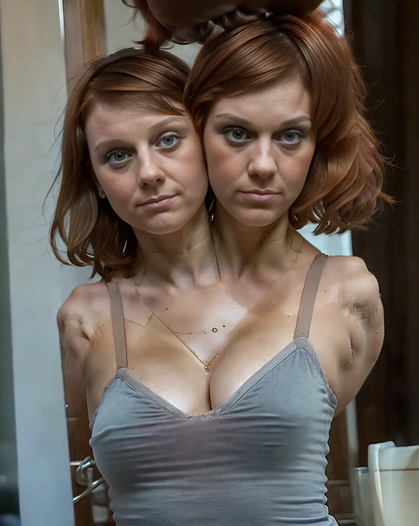 Two headed girl, (one head 13 year old girl:1.5), (one head 35 years old:1.5), (a redhead and a brunette:1.3), (uncomfortable and annoyed:1.3)