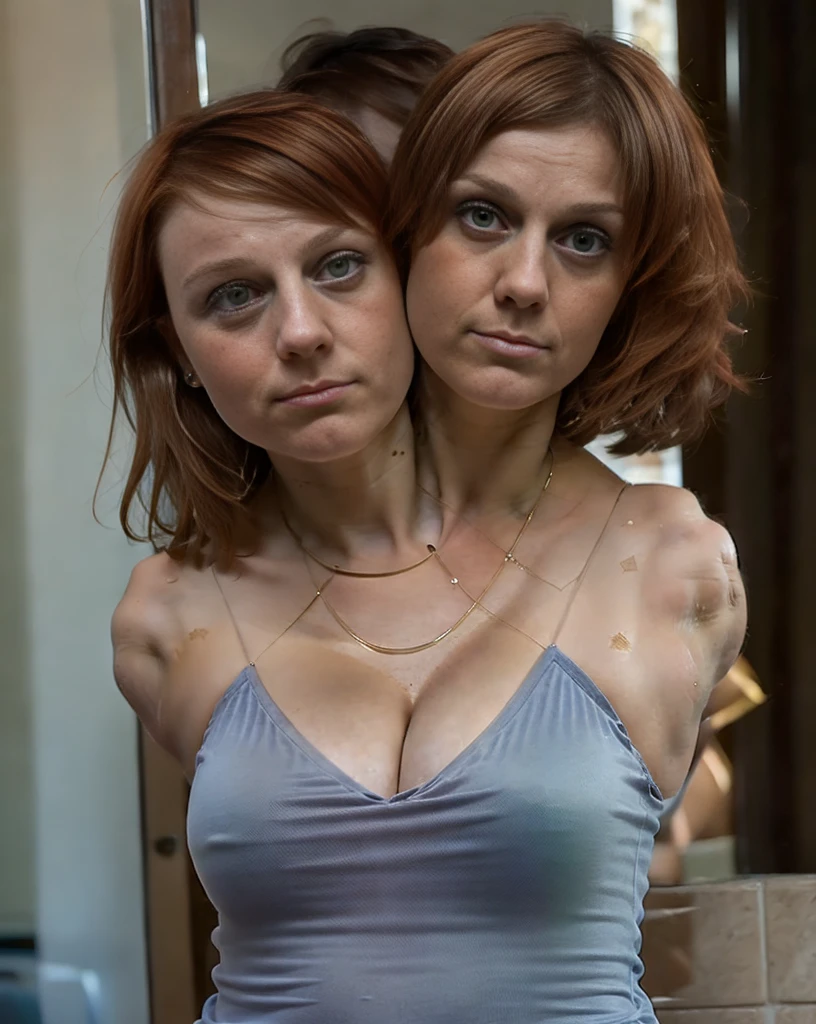 Two headed girl, (one head 13 year old girl:1.5), (one head 35 years old:1.5), (a redhead and a brunette:1.3), (uncomfortable and annoyed:1.3)