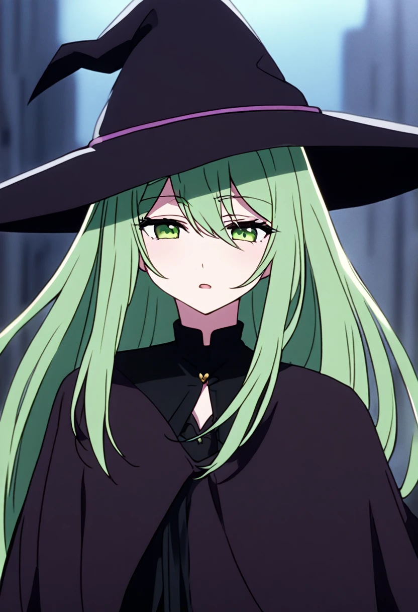 a close up of a person wearing a hat and dress, flirty anime witch casting magic, gothic maiden anime girl, anime girl with long hair, fashionable dark witch, in a cloak with long hairs, anime girl wearing a black dress, dark witch character, witch academia, with a green cloak, witch girl, classical witch, green hair, haloween, backgraund night alley, older sister