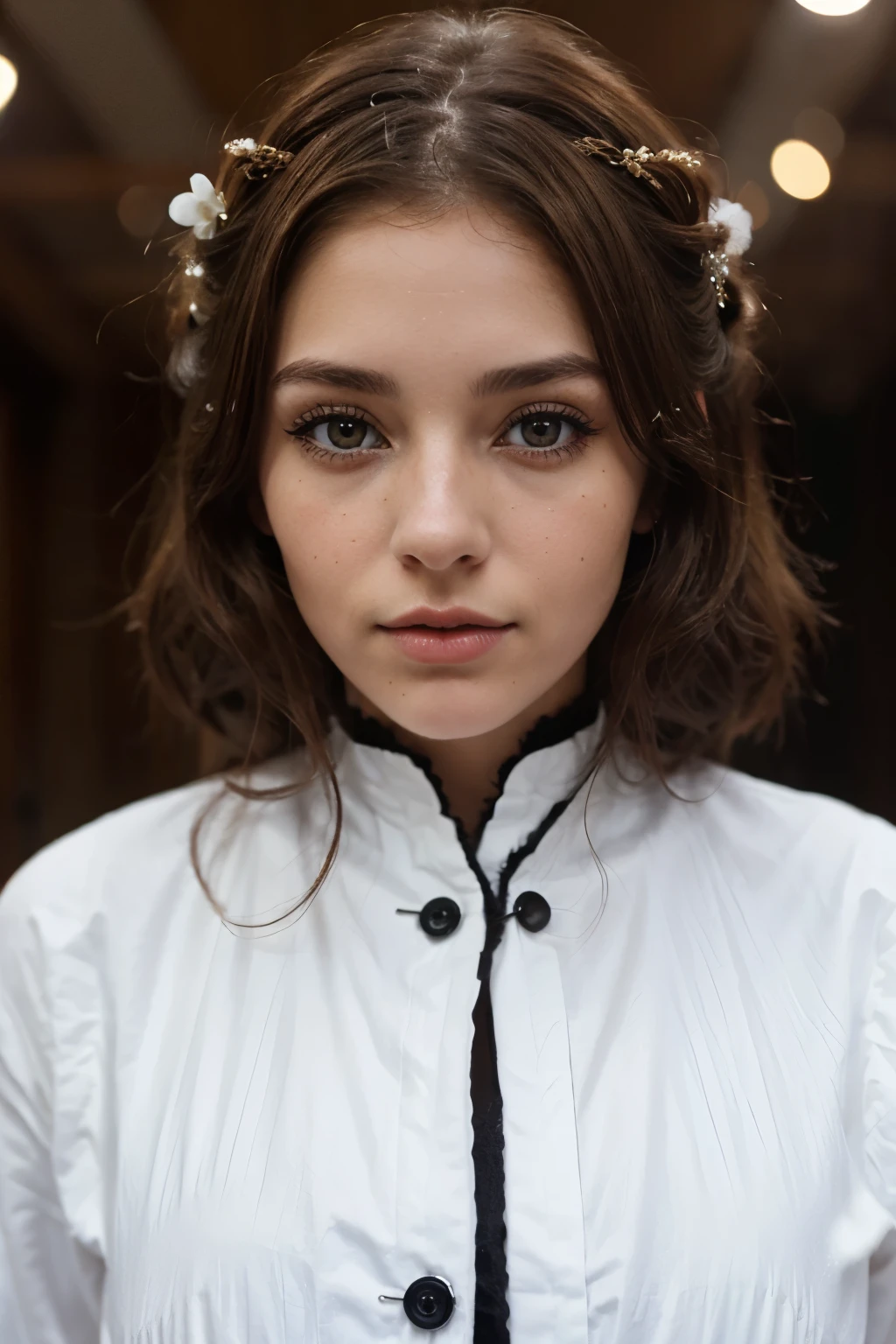 Brown haired woman, ojos color miel, pecas, Night-black eyelashes and snow-white skin from the Victorian era