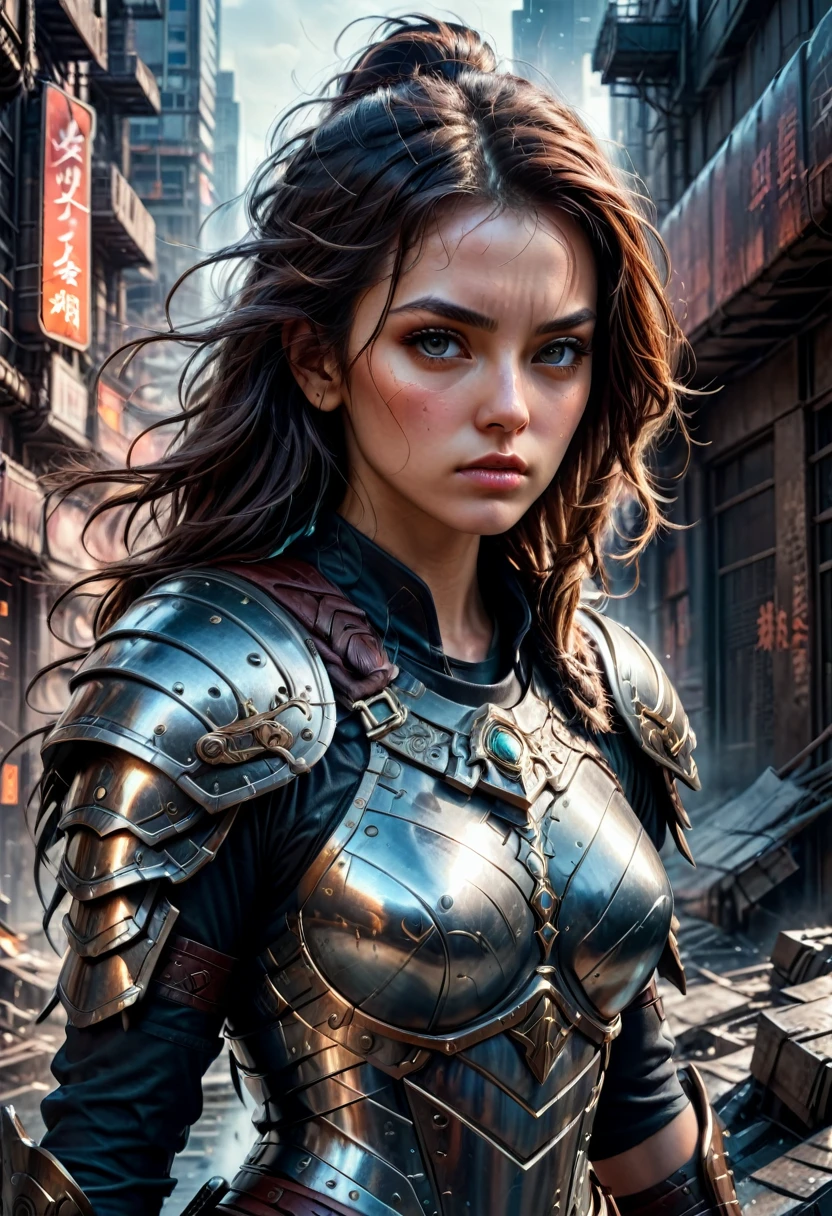 Female Warrior, Dystopian cityscape with a female warrior, intricate details, HDR, beautifully shot, hyperrealistic, sharp focus, megapixels, perfect composition, high contrast, cinematic, atmospheric, moody