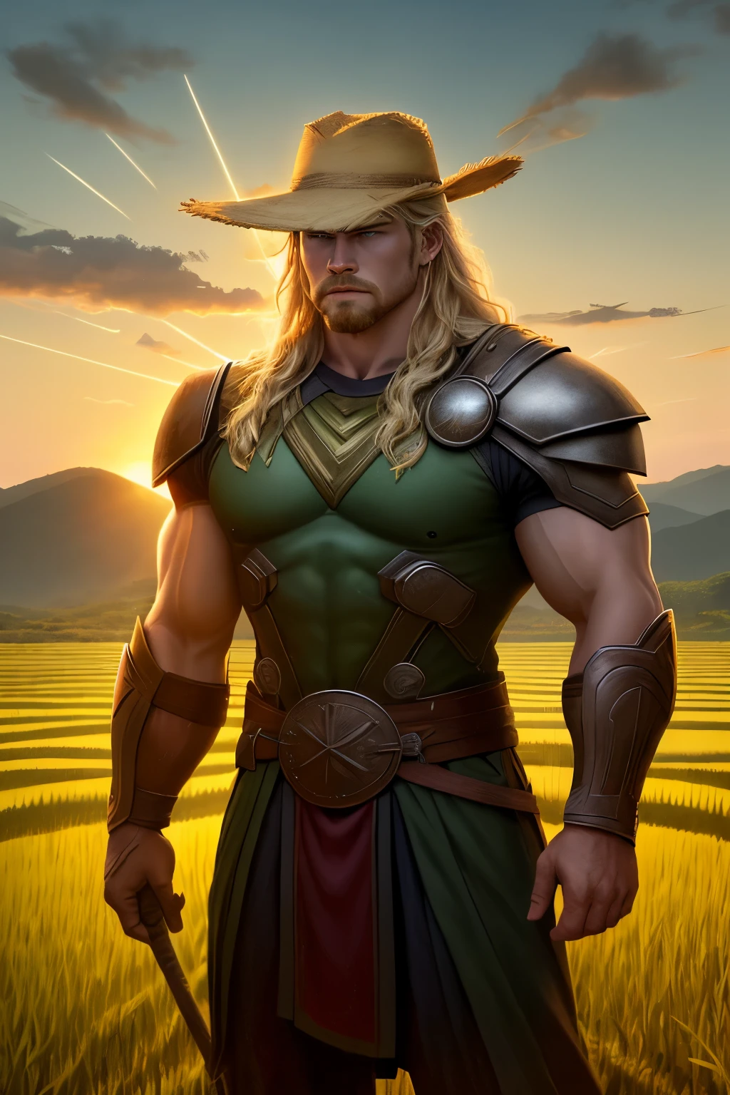 Thor, the God of Thunder, stands weary yet majestic in a lush 8k rice field. Donning a traditional farmer's hat, it rests slightly askew atop his golden locks, cascading like sunrays on the emerald plains. His eyes, filled with a sense of fatigue yet determination, tell a story of a day well spent. His mighty hammer Mjolnir leans against a towering stalk, casting long, cinematic shadows across the fertile ground. Amidst the backdrop of the setting sun, the rice field reflects a warm, golden glow, highlighting the silhouette of the weary yet unconquerable Thor.