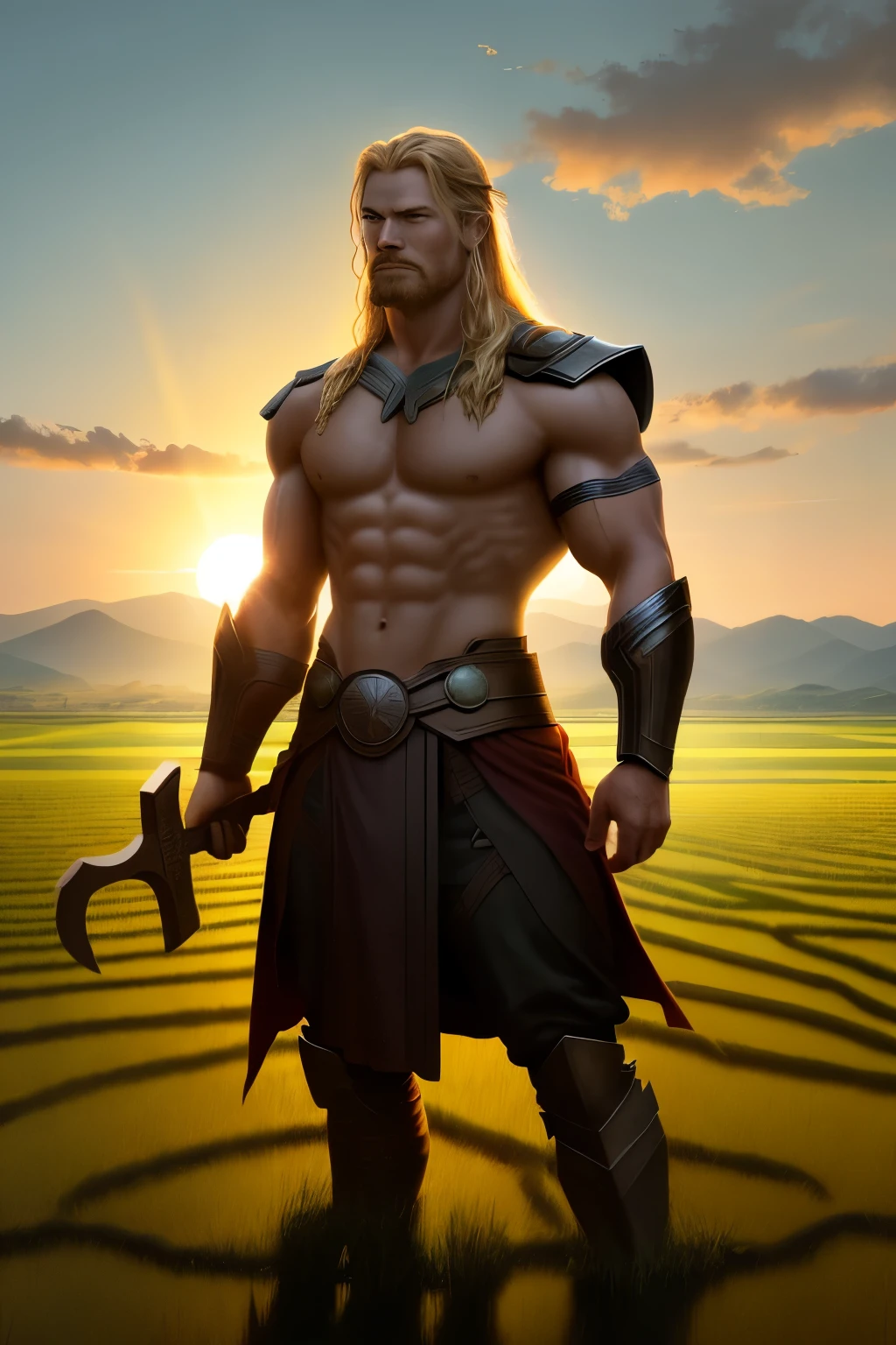 Thor, the God of Thunder, stands weary yet majestic in a lush 8k rice field. Donning a traditional farmer's hat, it rests slightly askew atop his golden locks, cascading like sunrays on the emerald plains. His eyes, filled with a sense of fatigue yet determination, tell a story of a day well spent. His mighty hammer Mjolnir leans against a towering stalk, casting long, cinematic shadows across the fertile ground. Amidst the backdrop of the setting sun, the rice field reflects a warm, golden glow, highlighting the silhouette of the weary yet unconquerable Thor.