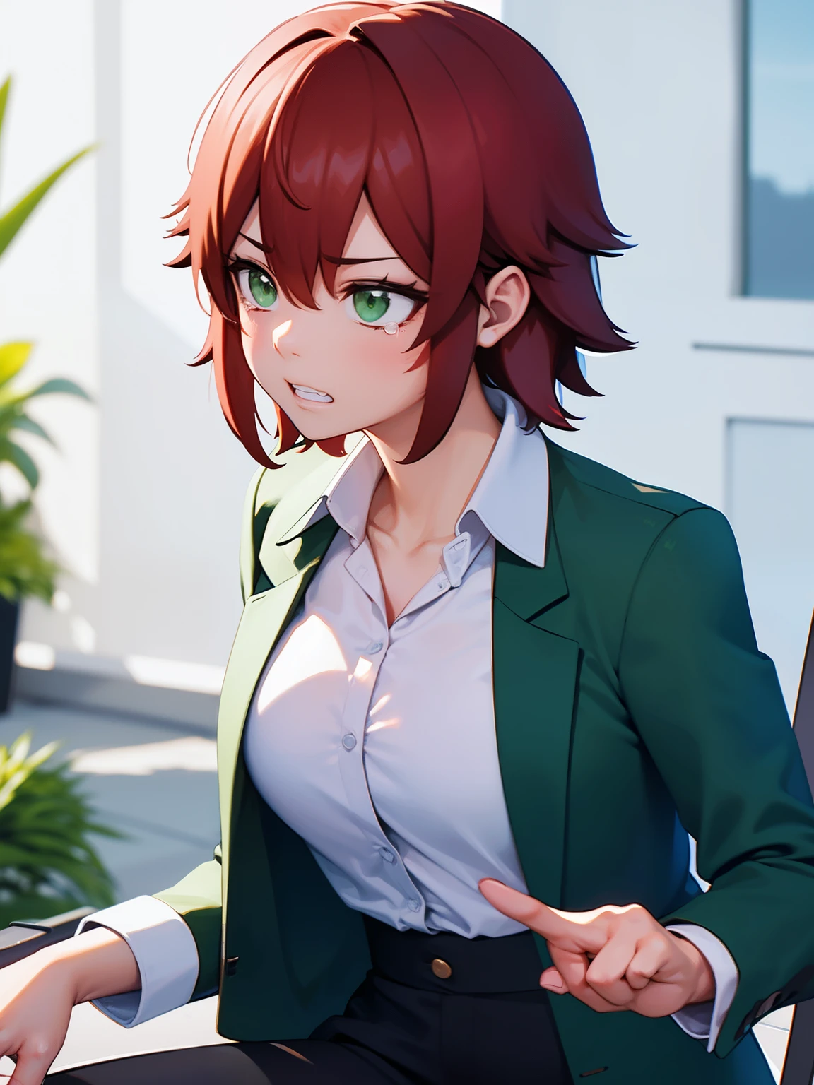 8k, best quality, masterpiece, ultra-detailed,Talking, sad expression,Hand pointing, looking away, facing right, camera angle from the side, photo from the side, looking away, crying, tears coming out, teeth showing,1girl,solo,short hair, green eyes,red hair,white shirt,white shirt,Long-sleeved shirt,black trousers,ultra detail, ultra HD