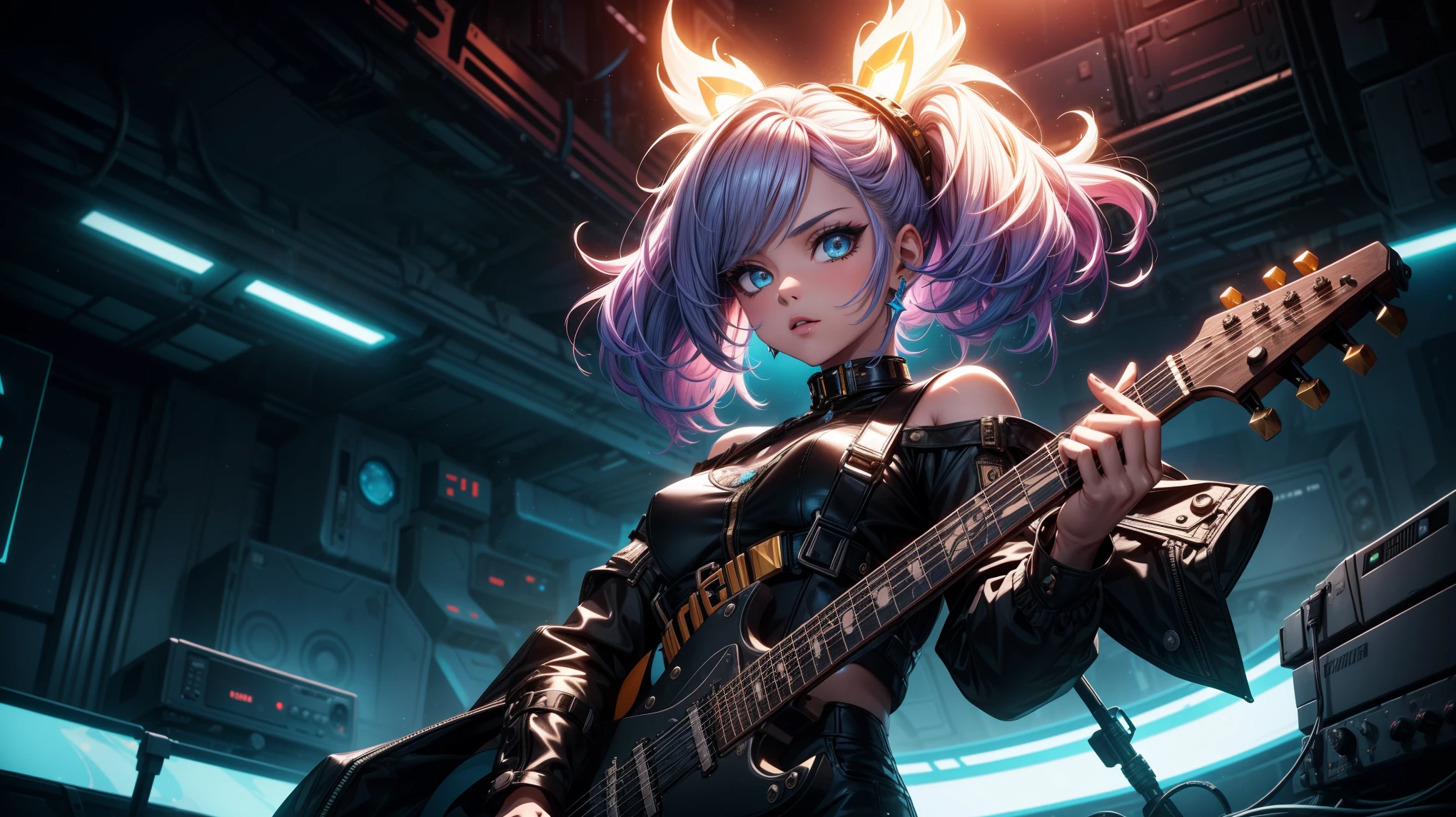 A dazzling punk golden rock girl stands on the lunar surface, her vibrant energy palpable. She wields a futuristic, golden electric guitar, her fingers expertly shredding the strings, each note reverberating through the cosmic silence. The moon's rugged terrain is strikingly detailed in Cyberpunk style with luminous neon signs embedded in the craters, casting a surreal glow. The girl's attire blends Cubism and Pop Art, with bright, geometric patterns and vivid colors that seem to leap off the screen. Her hair, a metallic, cybernetic mohawk, reflects the glint of distant stars. The typography animation weaves around her, showcasing bold, dynamic lettering that pulses with the rhythm of her music. Intricate, mango-drawn lines emphasize her fierce expression, highlighting the emotion in every chord she plays. The background is a mesmerizing blend of Typographic Animation and Drawn-on-Film techniques, creating a dynamic, ever-shifting tapestry of interstellar wonder. This high-definition 4K illustration captures the essence of a rock revolution on the moon, a visual symphony where each detail dazzles and enthralls.