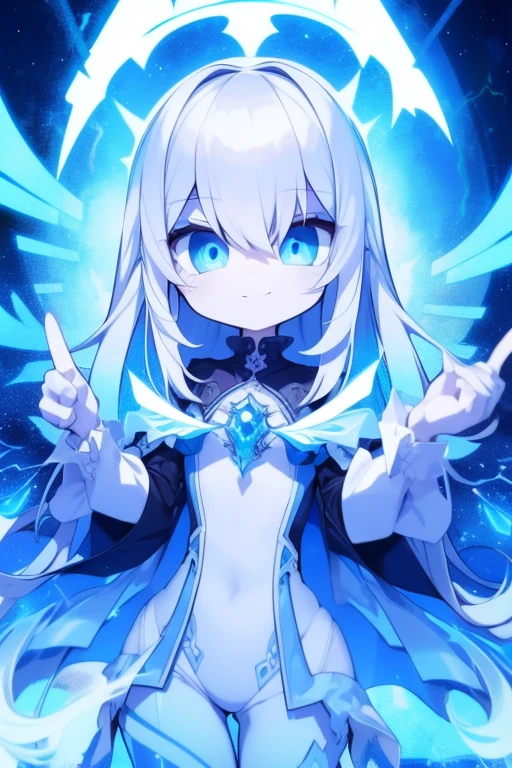 Girl, K HD, 4K, expressionless, anime style, blue eyes, white hair, ((full body)), puzzled eyes, (deformer character) Masterpiece, highest quality, ultra-definition, 4K, ultra-definition illustration, high resolution Beautiful face and eyes , light blue color scheme, lighting, fantasy, solemn atmosphere, long hair, waving hair, smile, fighting posture, dynamic pose, particle light, luminescence, plasma, electric current, blue flame, sense of depth, dynamic angle,angel wing,