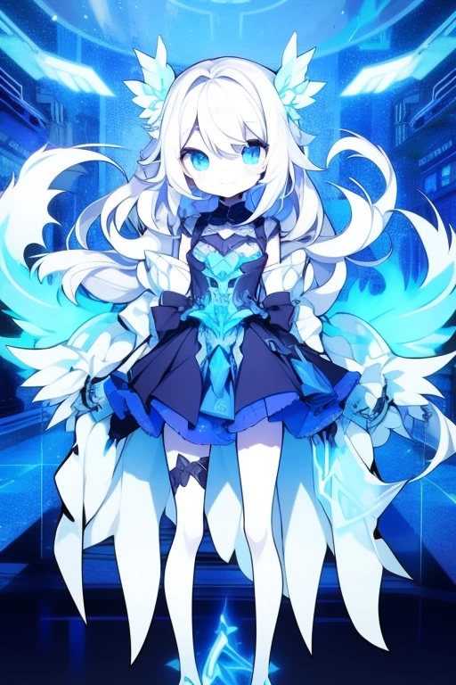 Girl, K HD, 4K, expressionless, anime style, blue eyes, white hair, ((full body)), puzzled eyes, (deformer character) Masterpiece, highest quality, ultra-definition, 4K, ultra-definition illustration, high resolution Beautiful face and eyes , light blue color scheme, lighting, fantasy, solemn atmosphere, long hair, waving hair, smile, fighting posture, dynamic pose, particle light, luminescence, plasma, electric current, blue flame, sense of depth, dynamic angle,angel wing,