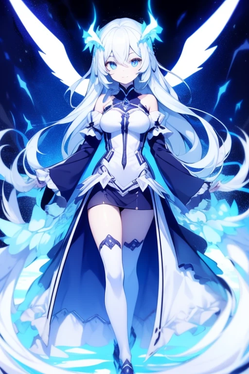 Girl, K HD, 4K, expressionless, anime style, blue eyes, white hair, ((full body)), puzzled eyes, (deformer character) Masterpiece, highest quality, ultra-definition, 4K, ultra-definition illustration, high resolution Beautiful face and eyes , light blue color scheme, lighting, fantasy, solemn atmosphere, long hair, waving hair, smile, fighting posture, dynamic pose, particle light, luminescence, plasma, electric current, blue flame, sense of depth, dynamic angle,angel wing,