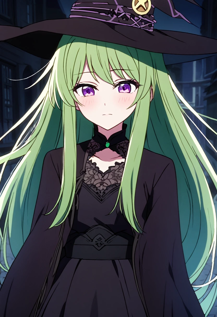 a close up of a person wearing a hat and dress, flirty anime witch casting magic, gothic maiden anime girl, anime girl with long hair, fashionable dark witch, in a cloak with long hairs, anime girl wearing a black dress, dark witch character, witch academia, with a green cloak, witch girl, classical witch, green hair, haloween, backgraund night alley, older sister witch