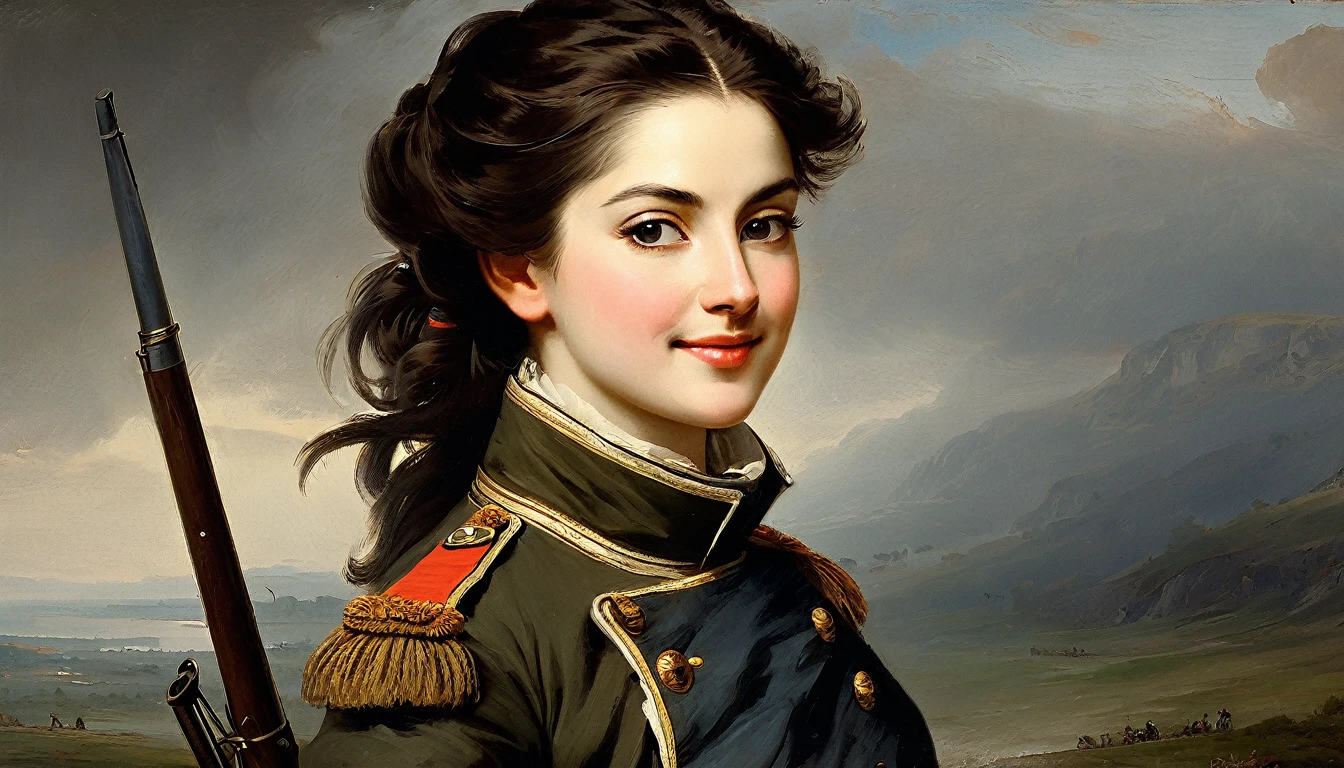 charming young pretty female warrior, brunette, smiling slightly mysteriously over her shoulder, averting her eyes, in a military artillery uniform, 18th century, cannon, redoubt,(Adolphe Piot style)), dark Renaissance, (fog, very worn gradient), ((palette/oil painting with palette knife)), ((masterpiece)), single shot, image quality:1.2, maximum detail, perspective:1.33, 8k