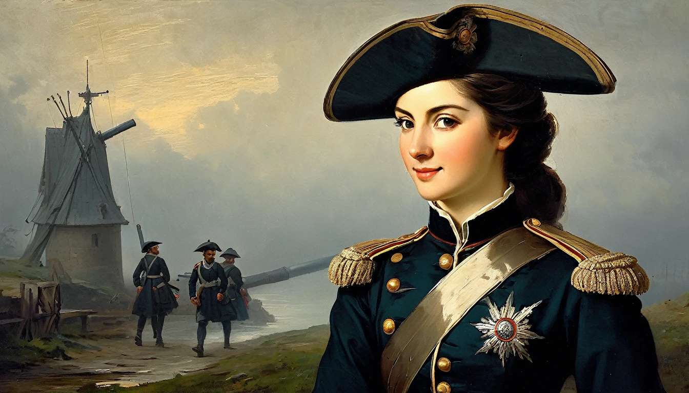 charming young pretty female warrior, brunette, smiling slightly mysteriously over her shoulder, averting her eyes, in a military artillery uniform, 18th century, cannon, redoubt,(Adolphe Piot style)), dark Renaissance, (fog, very worn gradient), ((palette/oil painting with palette knife)), ((masterpiece)), single shot, image quality:1.2, maximum detail, perspective:1.33, 8k