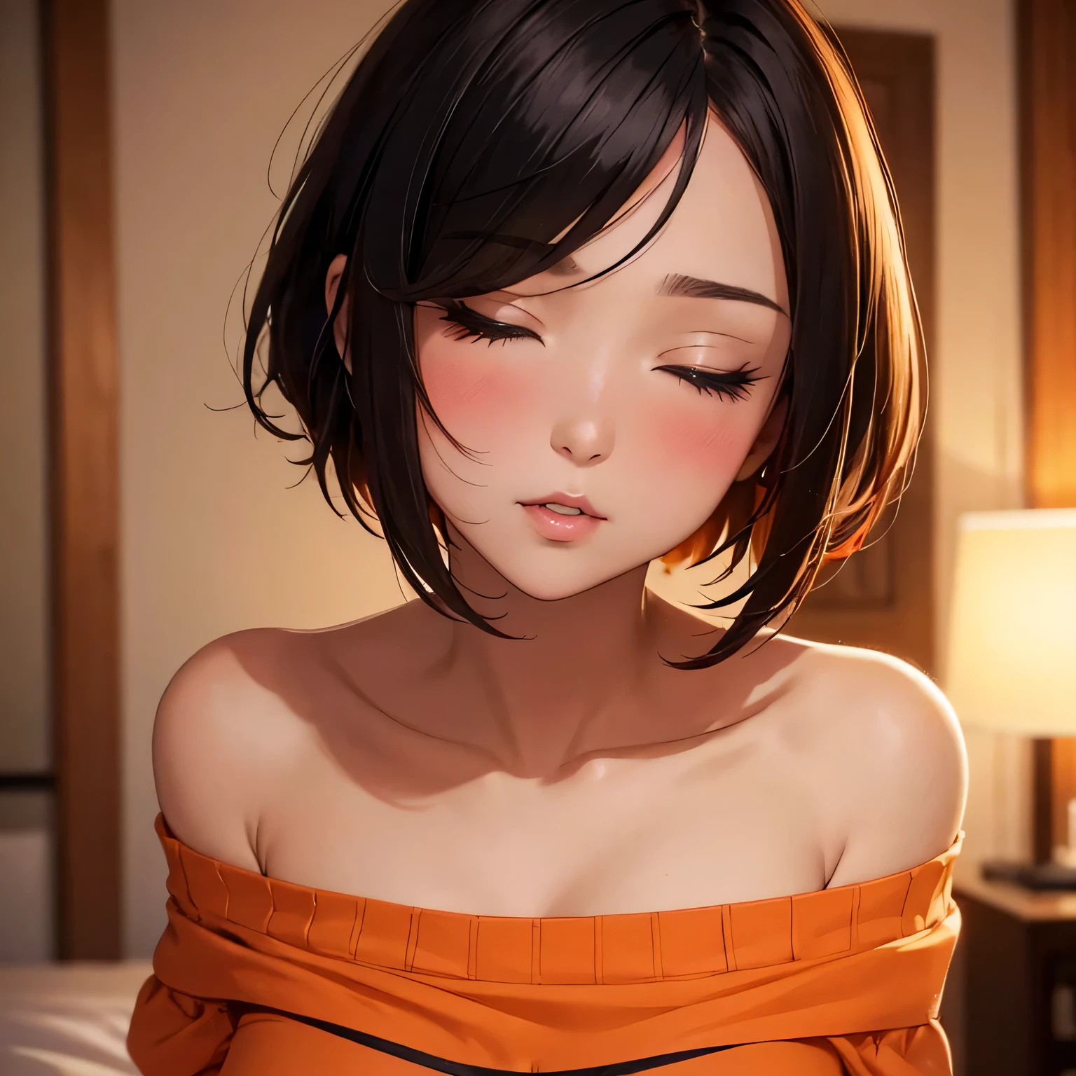 Amazing portrait of a sexy and cute girl with a short bob hairstyle and a seductive gaze who is blushing intensely with parted lips and is desperate and flustered and lustful wearing an off shoulder orange t shirt showcasing her bare shoulder while lying on bed