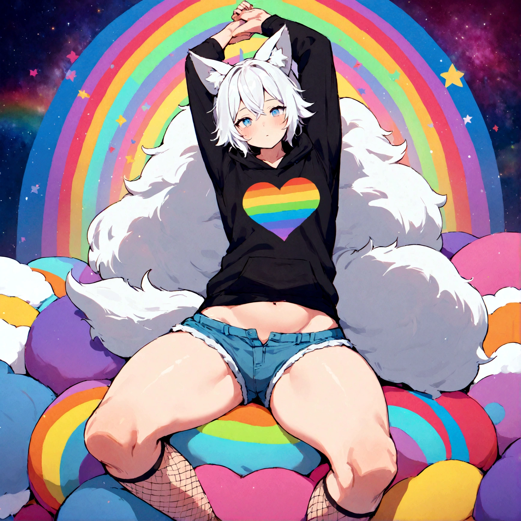 a cute adult male with wolf ears, white hair, has a wolf tail, wearing a loose cropped oversized black hoodie, wearing a pair of denim short shorts and fishnet stockings, thick thighs, wide hips, relaxing on mound of fluffy multi colored kawaii plushies, short, very slim, showing slender tummy, stretching out, heart on hoodie, squishy thighs, has glowing blue eyes. alone, solo (ALONE)(SOLO), surrounded by rainbows, colorful galaxy backround