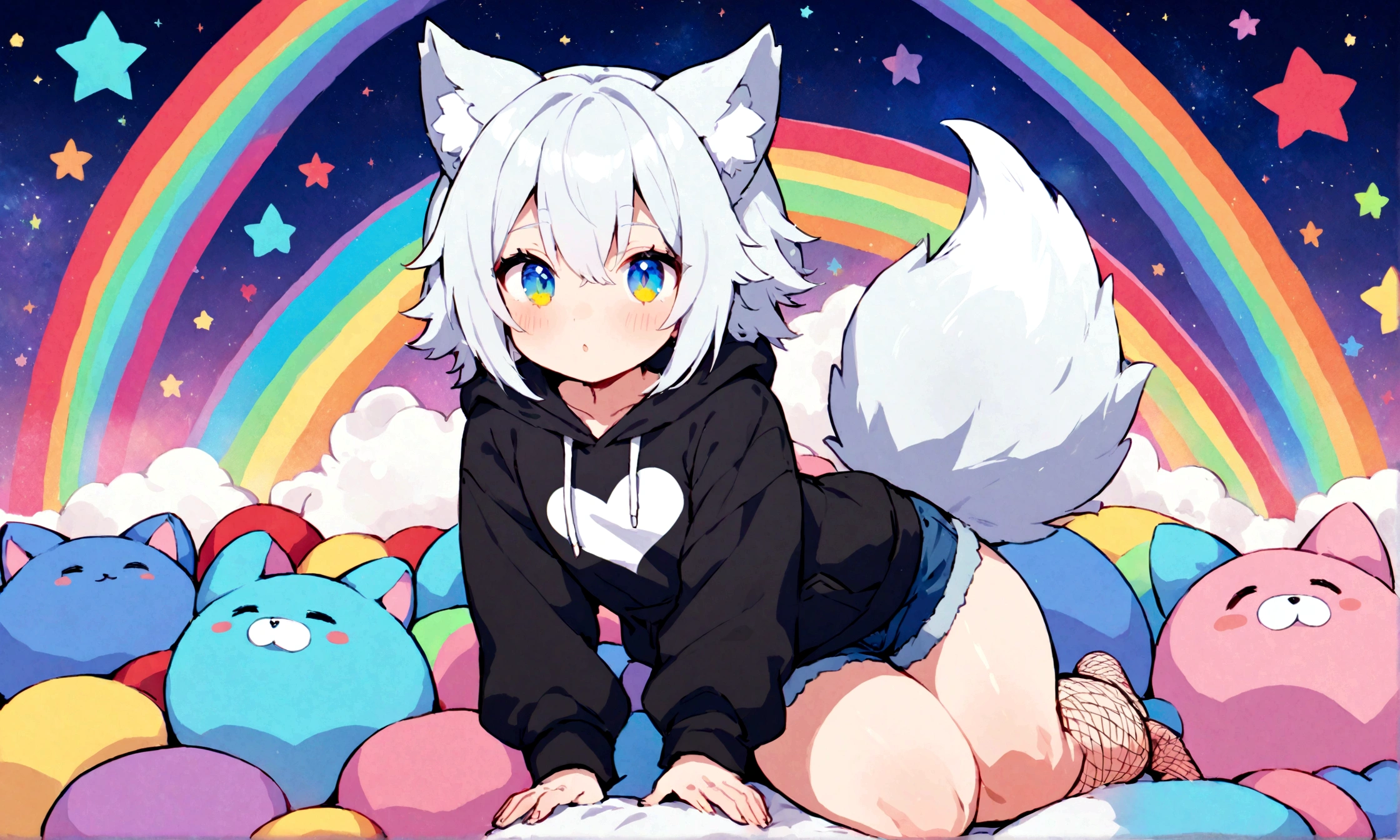 a cute adult male with wolf ears, white hair, has a wolf tail, wearing a loose cropped oversized black hoodie, wearing a pair of denim short shorts and fishnet stockings, thick thighs, wide hips, relaxing on mound of fluffy multi colored kawaii plushies, short, very slim, showing slender tummy, stretching out, heart on hoodie, squishy thighs, has glowing blue eyes. alone, solo (ALONE)(SOLO), surrounded by rainbows, colorful galaxy backround